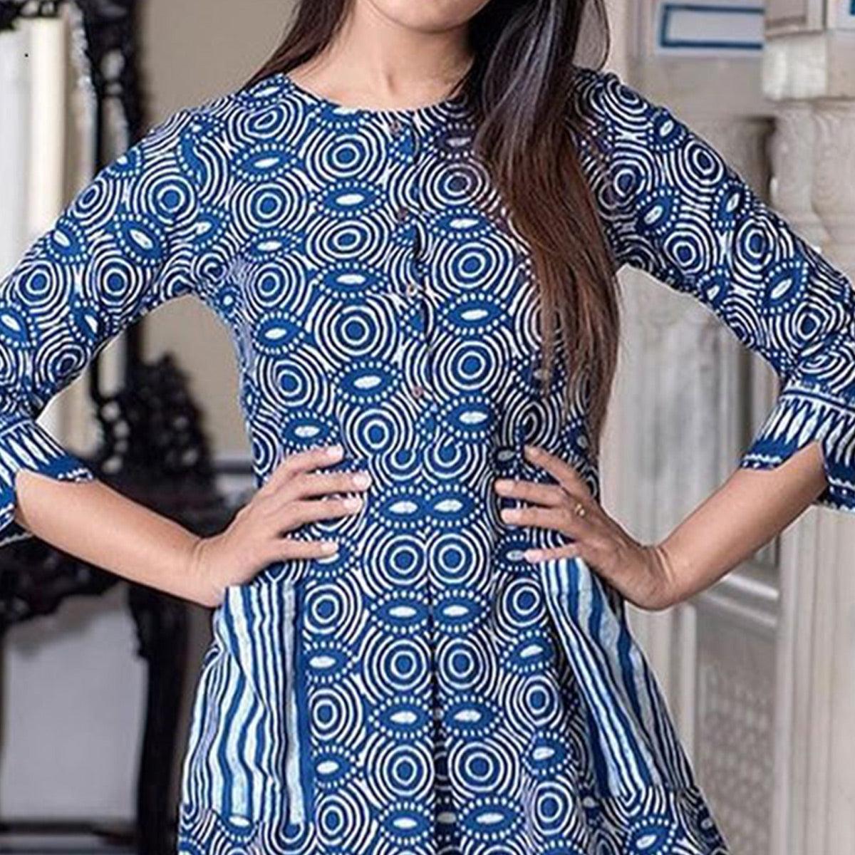 Trendy Blue Colored Casual Printed Muslin Blend Gown - Peachmode