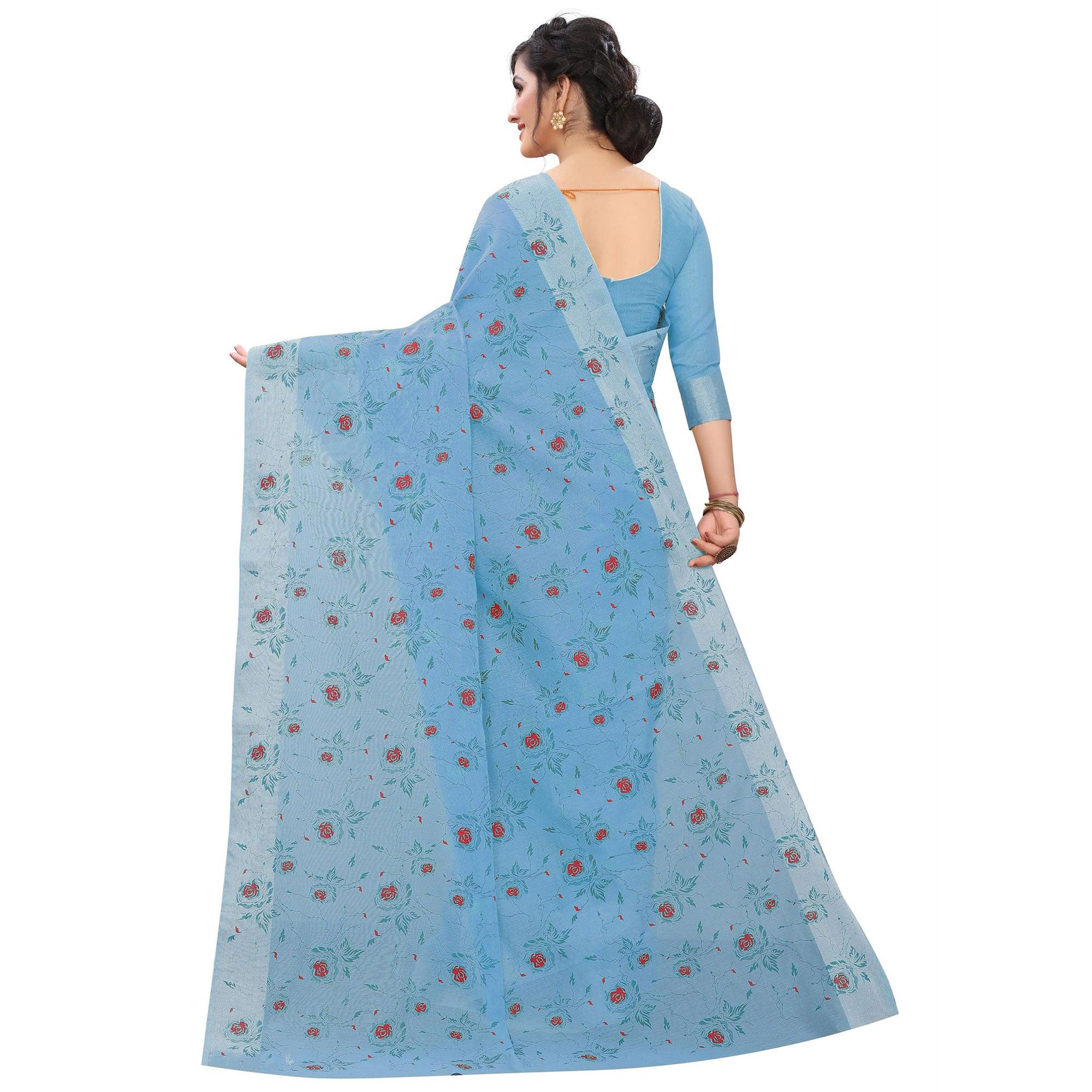 Trendy Blue Colored Casual Wear Printed Cotton Linen Saree - Peachmode