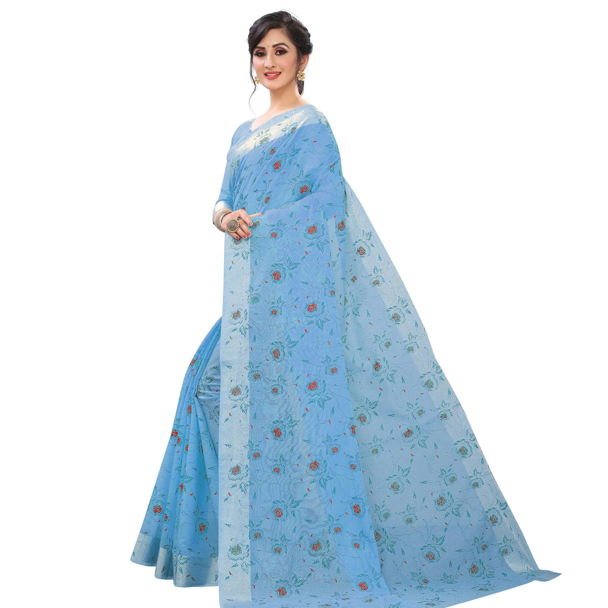 Trendy Blue Colored Casual Wear Printed Cotton Linen Saree - Peachmode