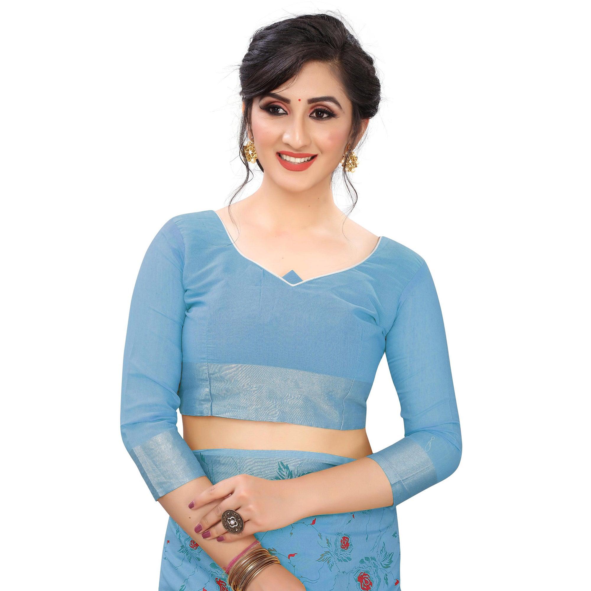 Trendy Blue Colored Casual Wear Printed Cotton Linen Saree - Peachmode