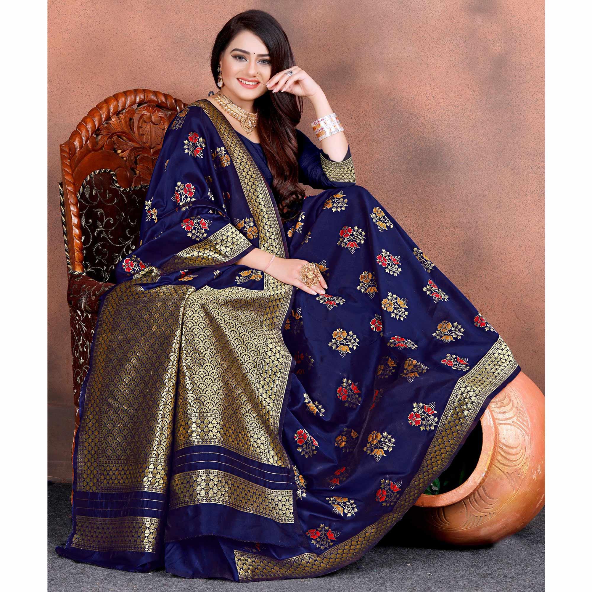 Trendy Blue Colored Festive Wear Woven Silk Saree - Peachmode