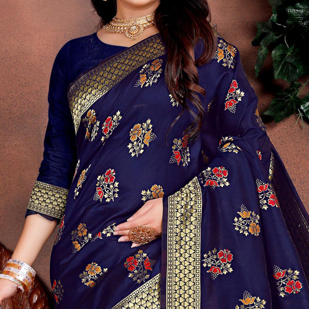 Trendy Blue Colored Festive Wear Woven Silk Saree - Peachmode