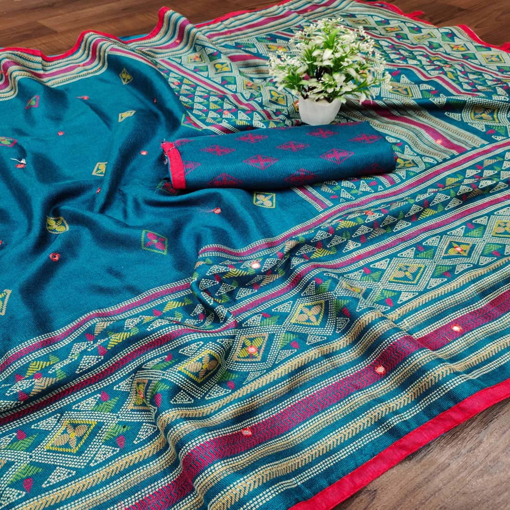 Trendy Blue  Coloured Casual Wear Printed Cotton Jute Saree - Peachmode