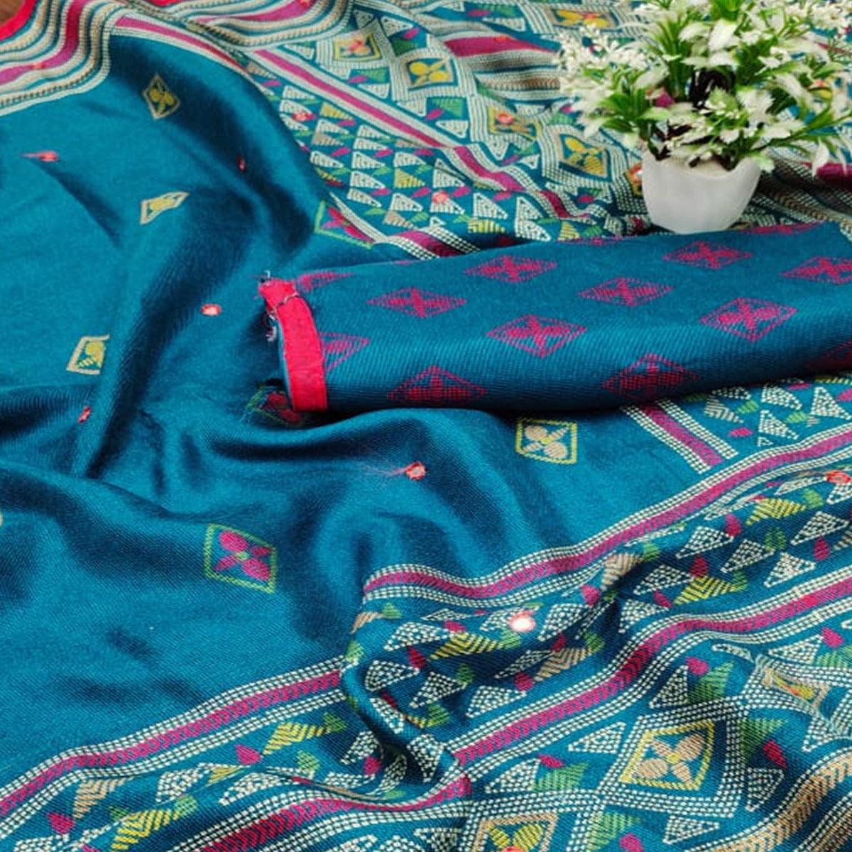 Trendy Blue  Coloured Casual Wear Printed Cotton Jute Saree - Peachmode