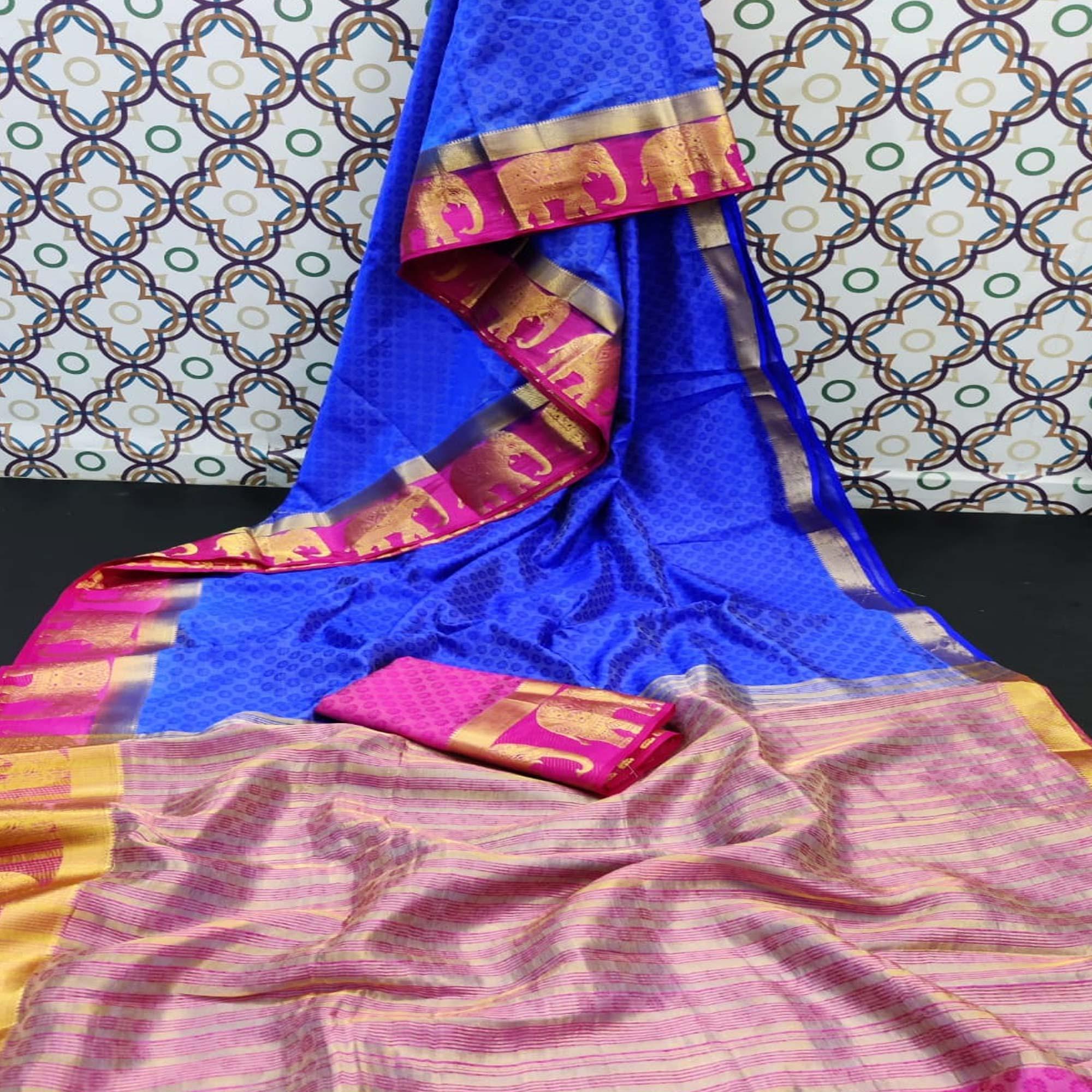 Trendy Blue Coloured Festive Wear Woven Art Silk Saree - Peachmode