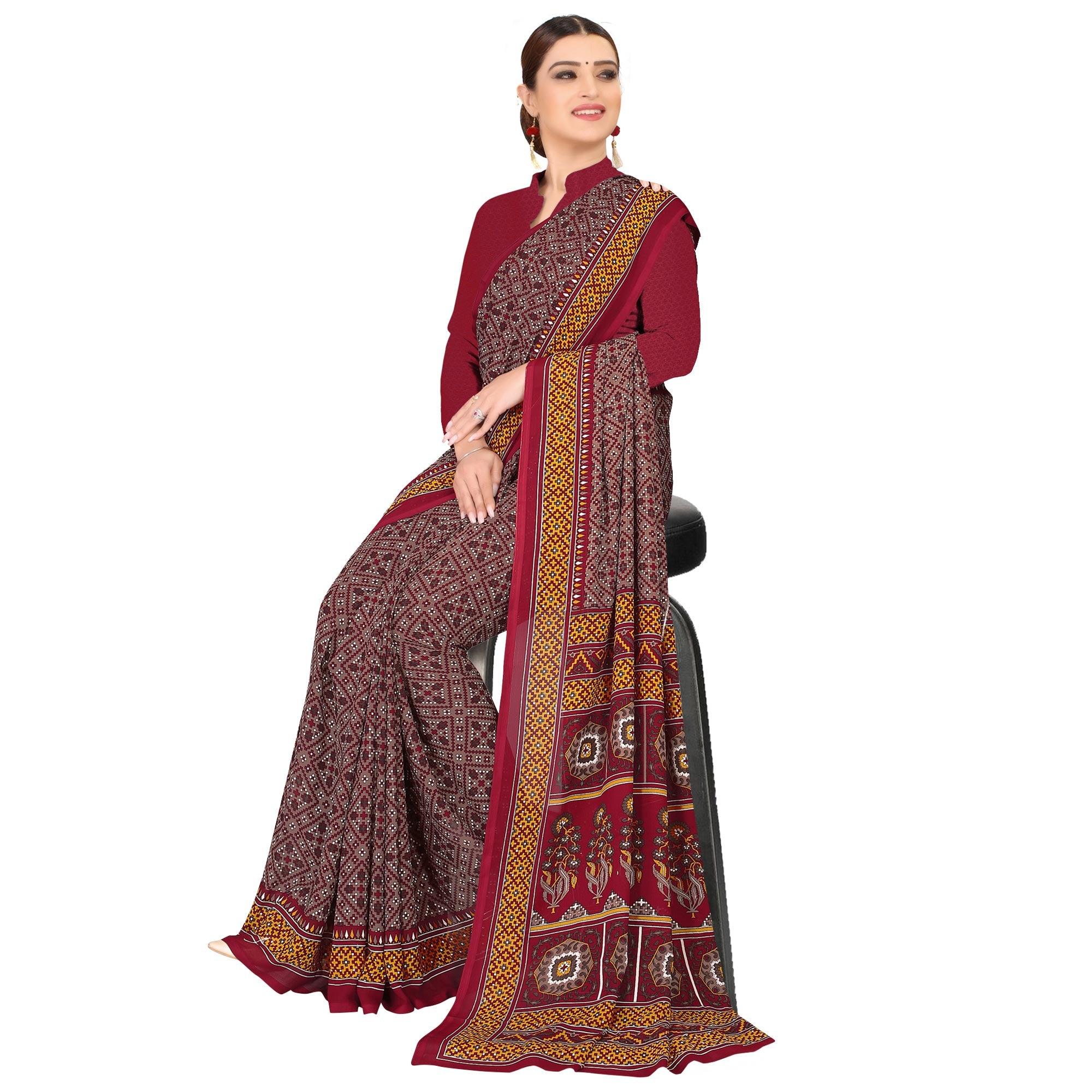 Trendy Brown Colored Casual Wear Printed Georgette Saree - Peachmode