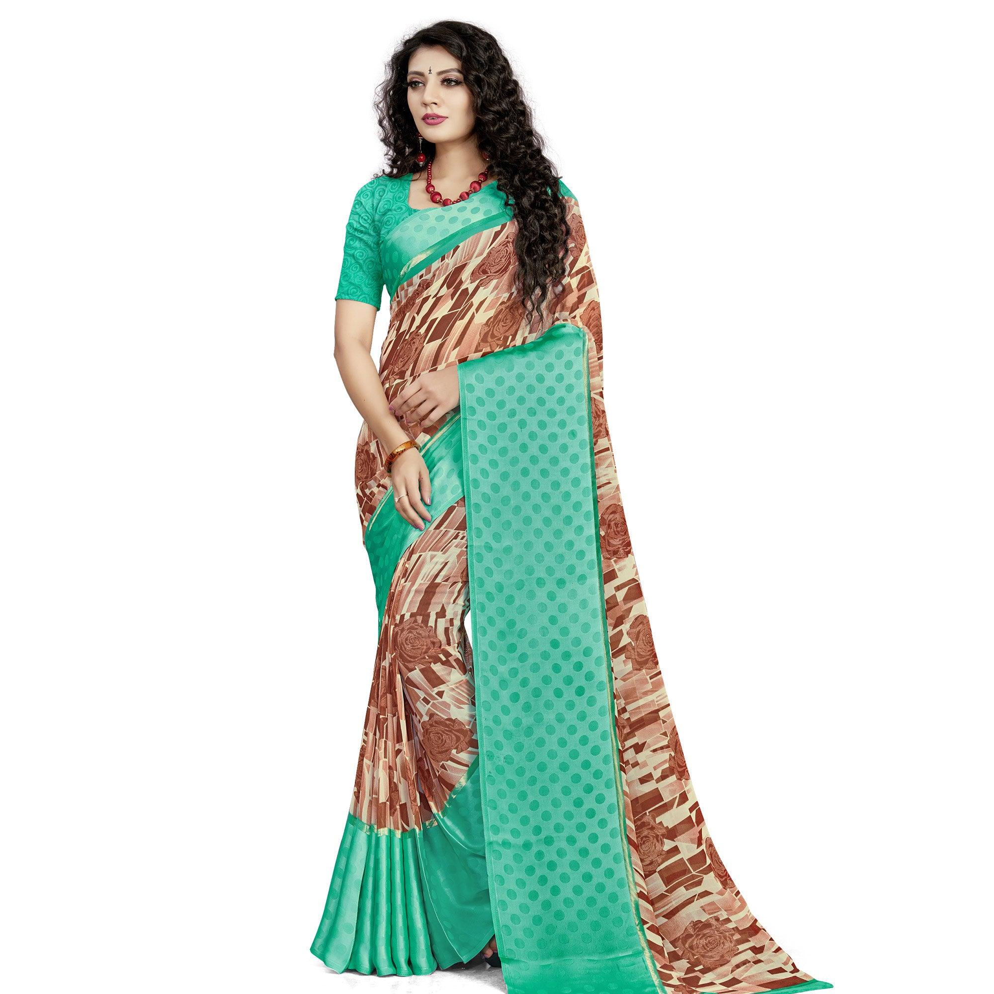 Trendy Brown Colored Casual Wear Printed Georgette Saree - Peachmode