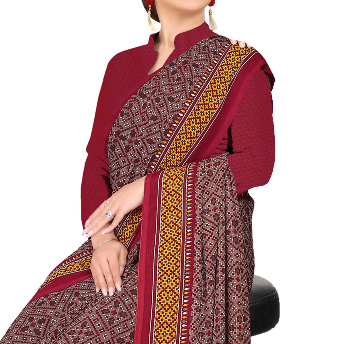 Trendy Brown Colored Casual Wear Printed Georgette Saree - Peachmode