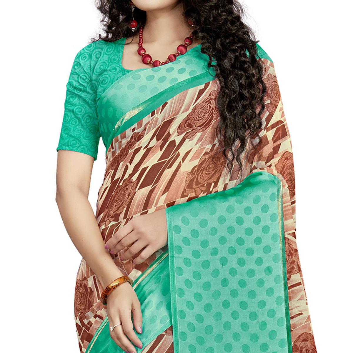 Trendy Brown Colored Casual Wear Printed Georgette Saree - Peachmode