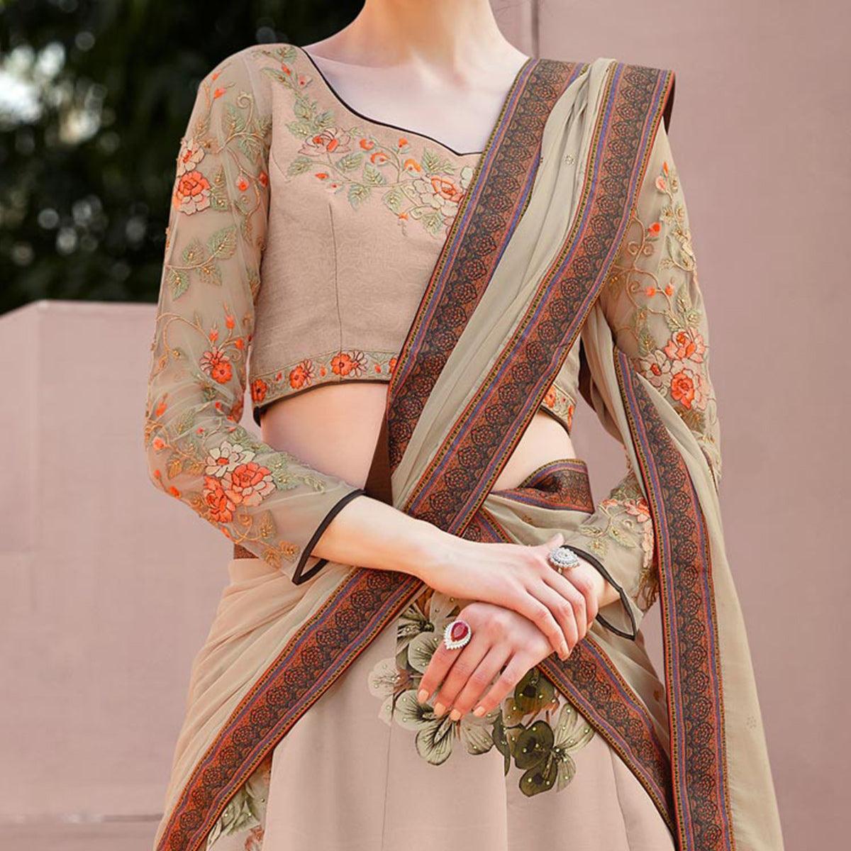 Trendy Brown Colored Designer Partywear Embroidered Silk Lehenga Choli - Peachmode