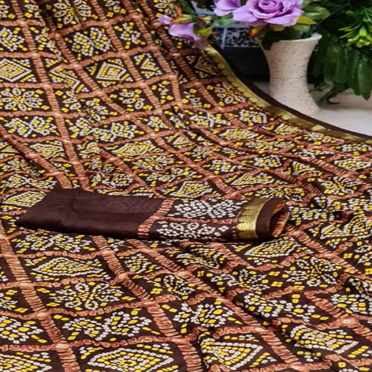 Trendy Brown Colored Festive Wear Woven Moss Georgette Saree - Peachmode