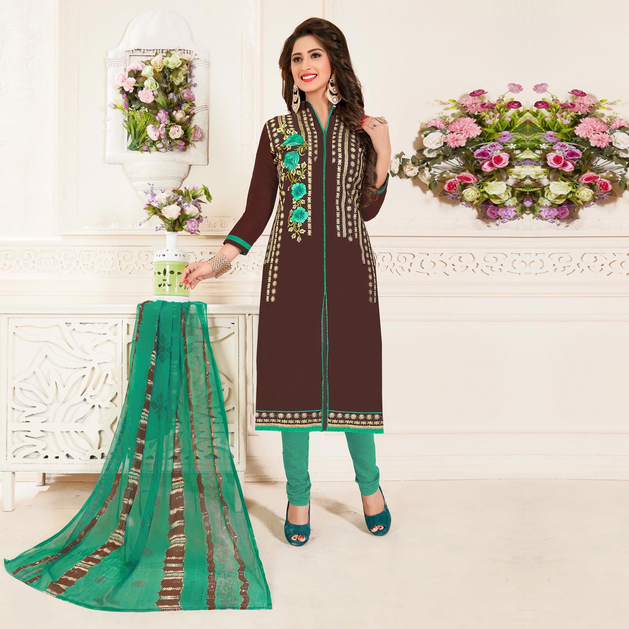 Trendy Brown Colored Partywear Embroidered Chanderi Suit - Peachmode