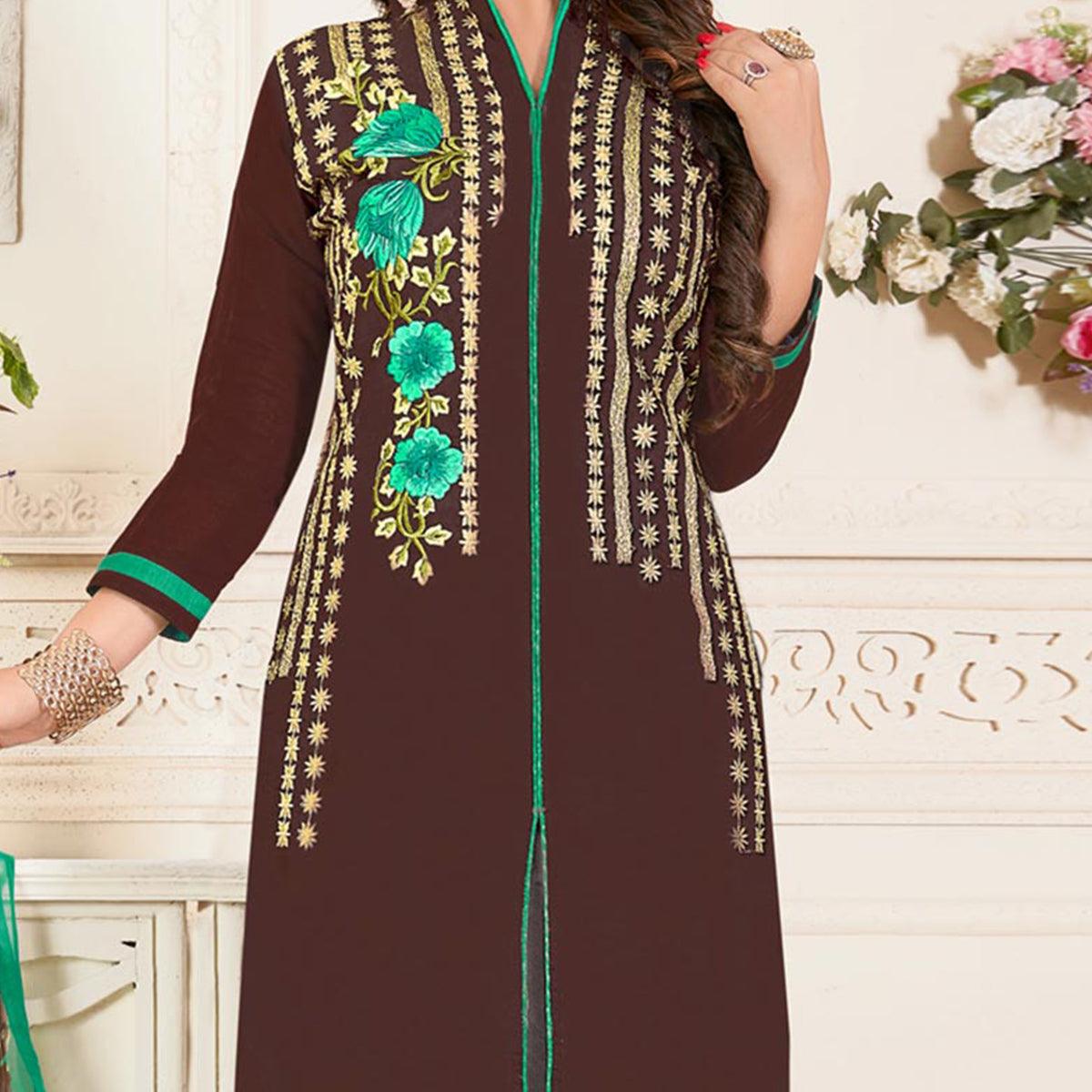 Trendy Brown Colored Partywear Embroidered Chanderi Suit - Peachmode