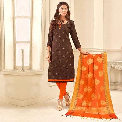 Trendy Brown Colored Partywear Embroidered Cotton Suit With Pure Banarasi Silk Dupatta - Peachmode