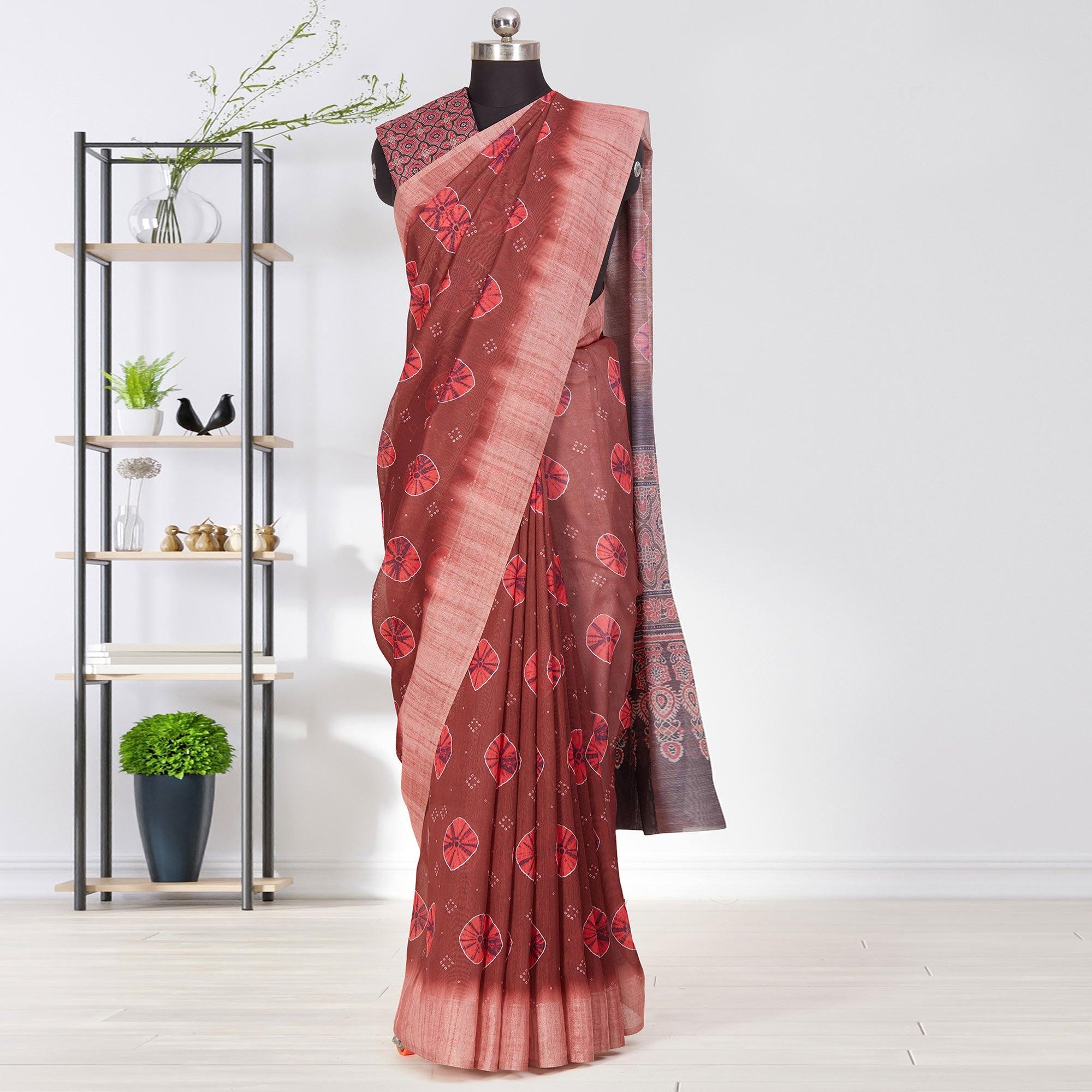 Trendy Brown Coloured Casual Wear Printed Linen Saree - Peachmode