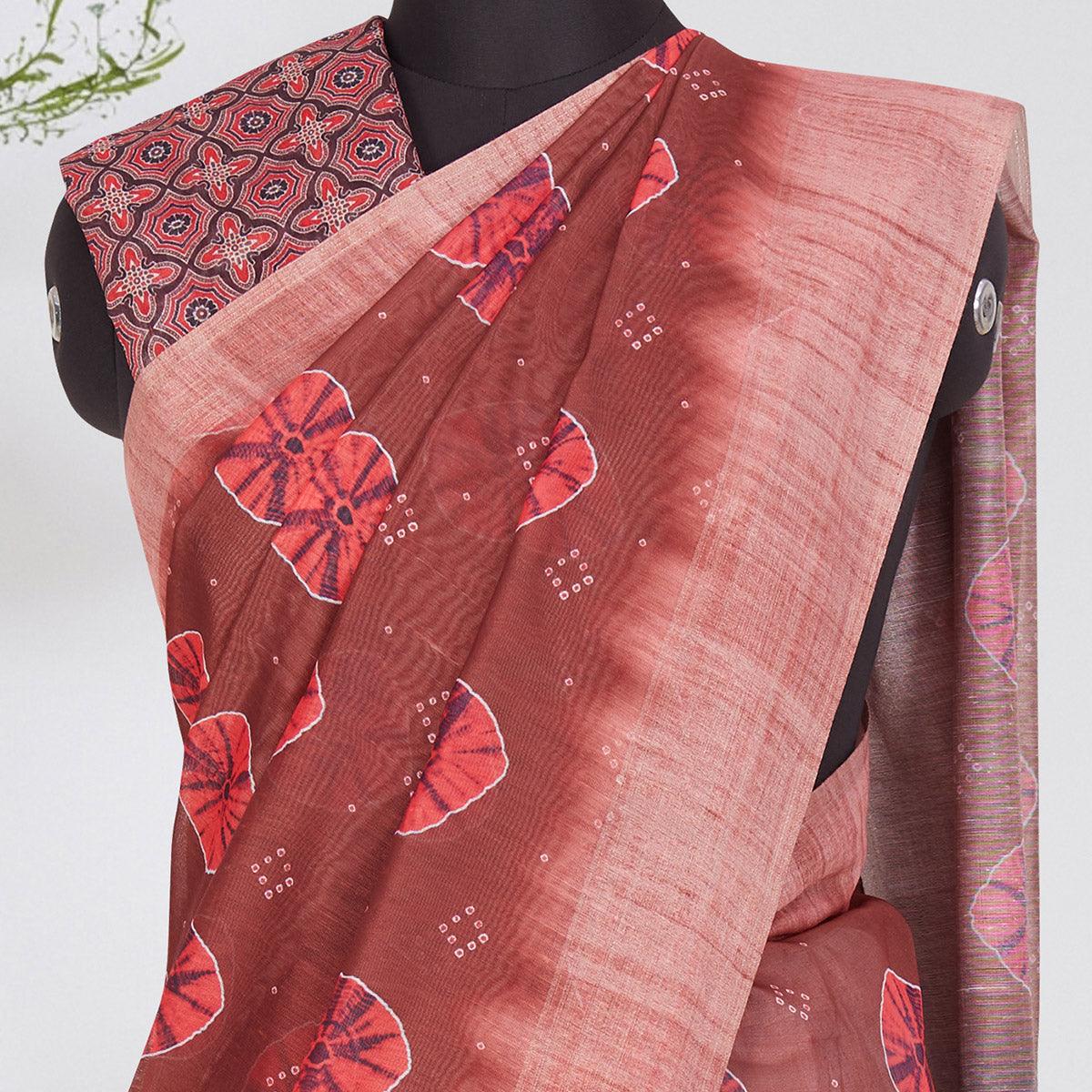 Trendy Brown Coloured Casual Wear Printed Linen Saree - Peachmode