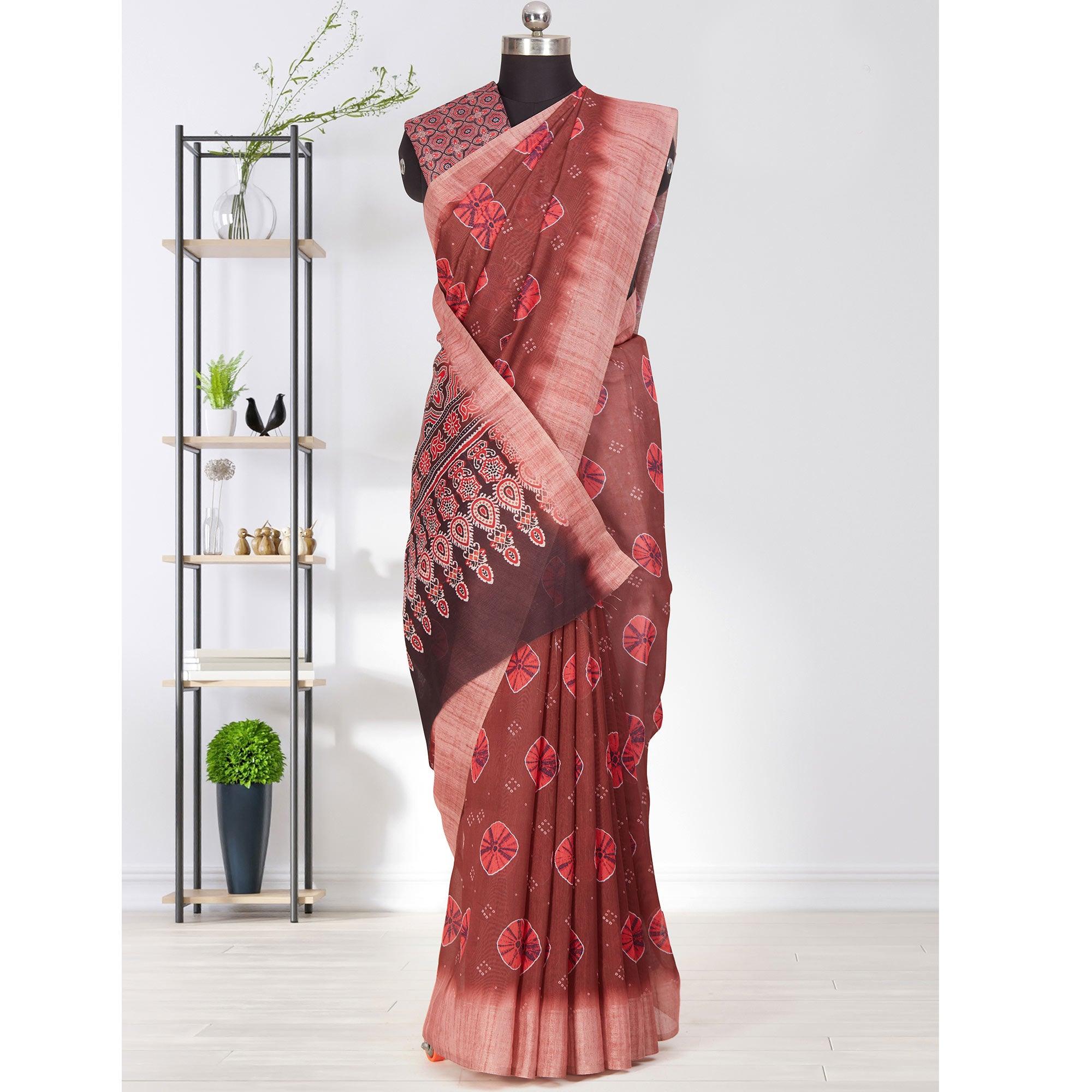 Trendy Brown Coloured Casual Wear Printed Linen Saree - Peachmode