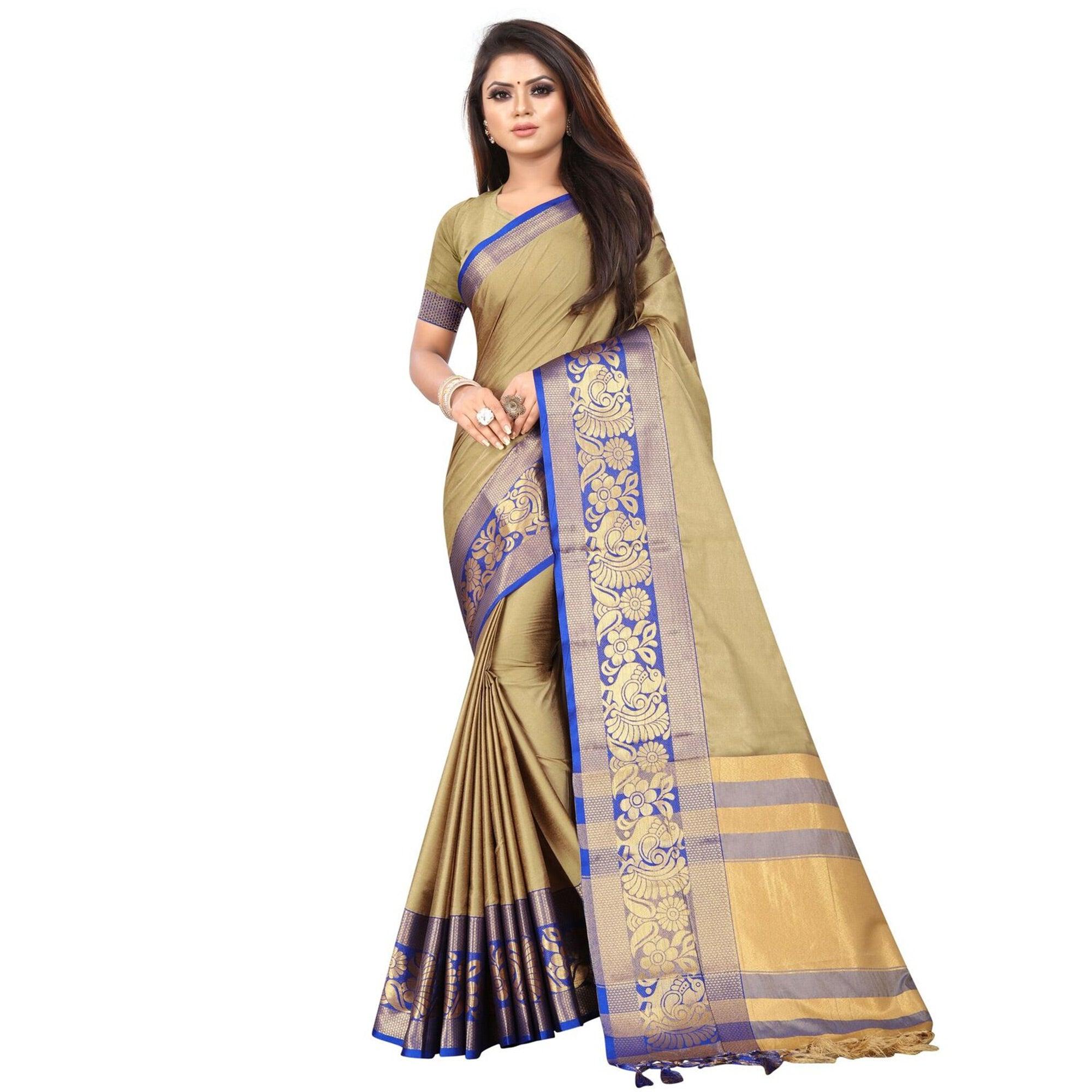 Trendy Chiku Colored Festive Wear Woven Banarasi Jacquard Saree - Peachmode