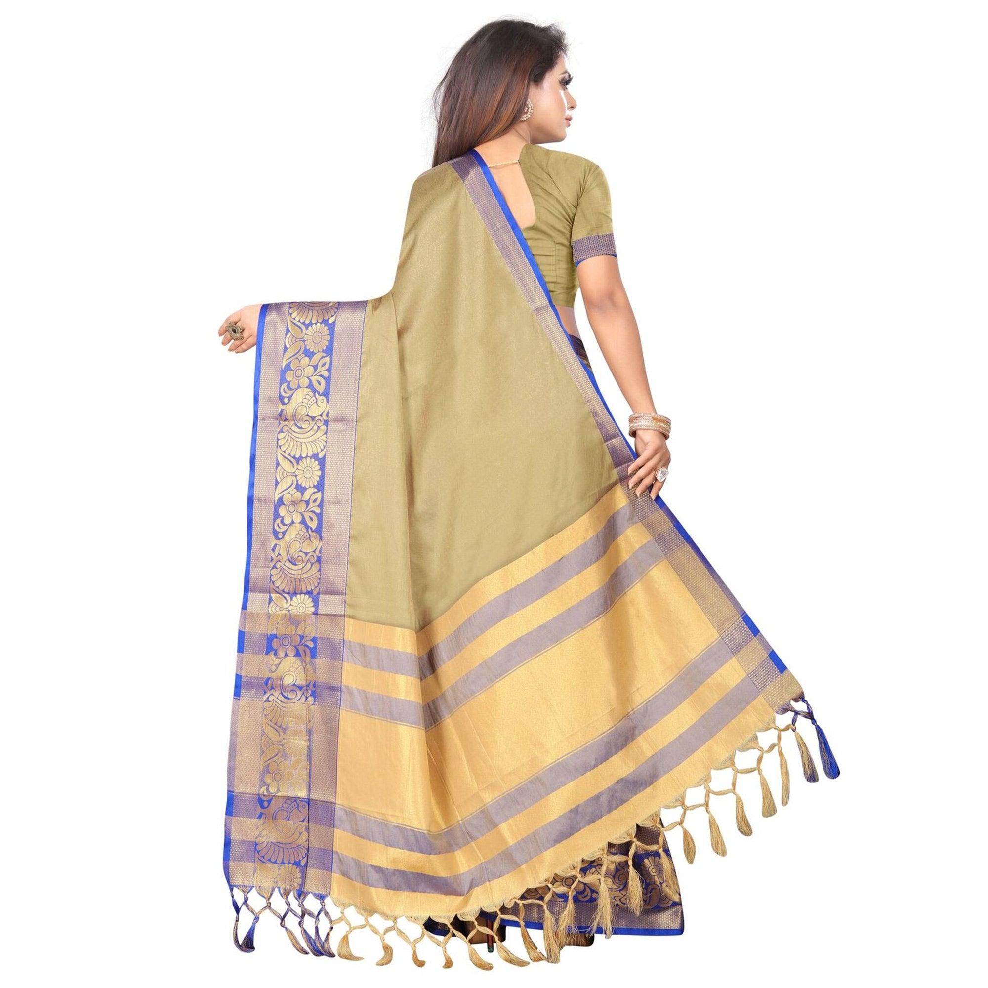 Trendy Chiku Colored Festive Wear Woven Banarasi Jacquard Saree - Peachmode