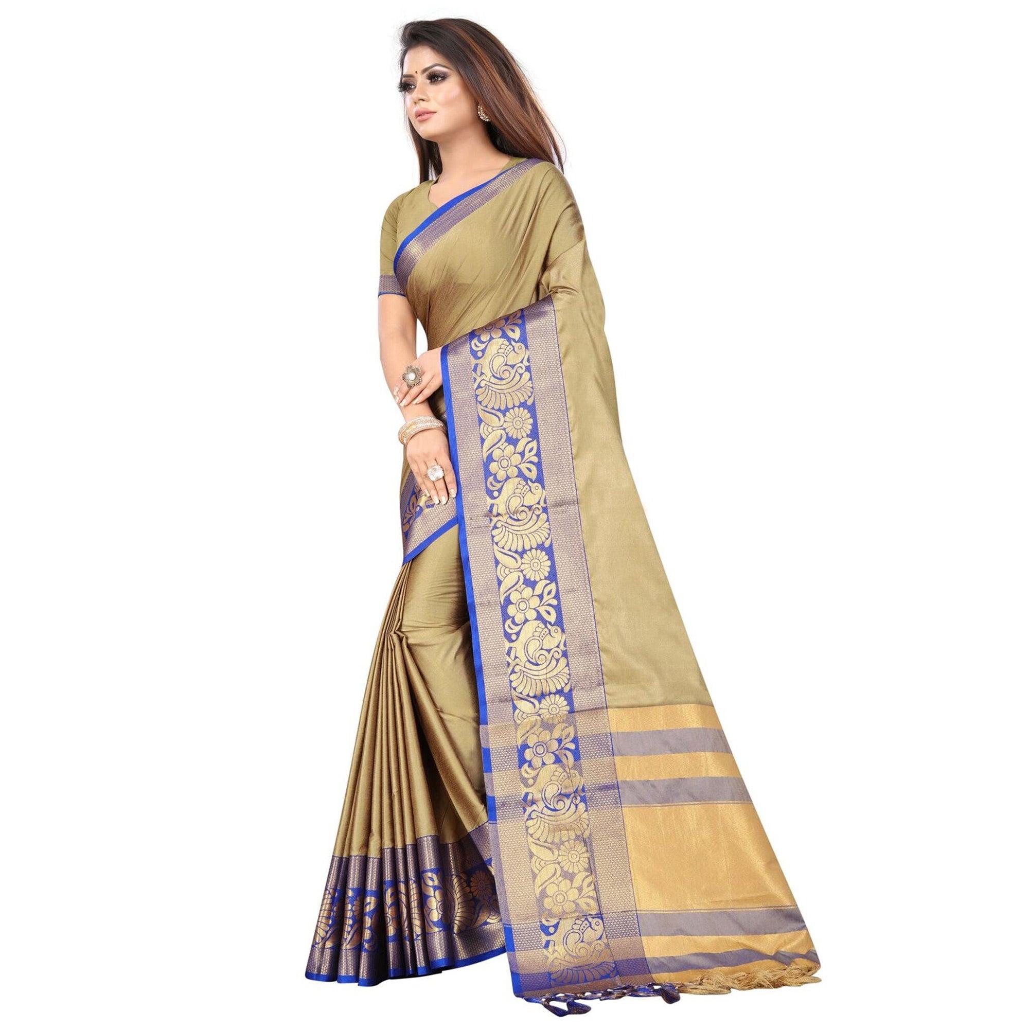 Trendy Chiku Colored Festive Wear Woven Banarasi Jacquard Saree - Peachmode