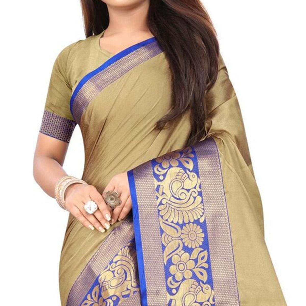 Trendy Chiku Colored Festive Wear Woven Banarasi Jacquard Saree - Peachmode
