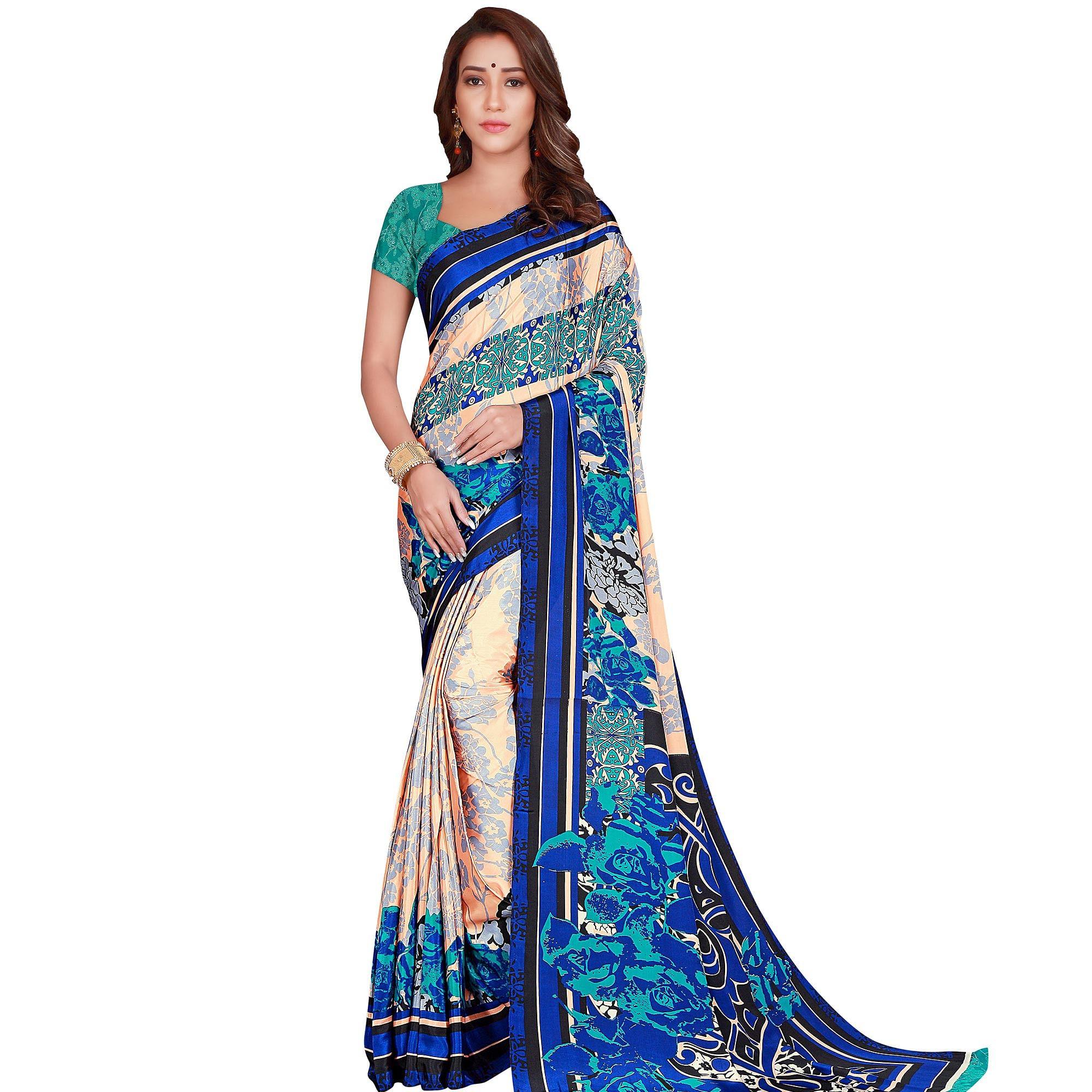 Trendy Cream-Blue Colored Casual Wear Printed Crepe Saree - Peachmode