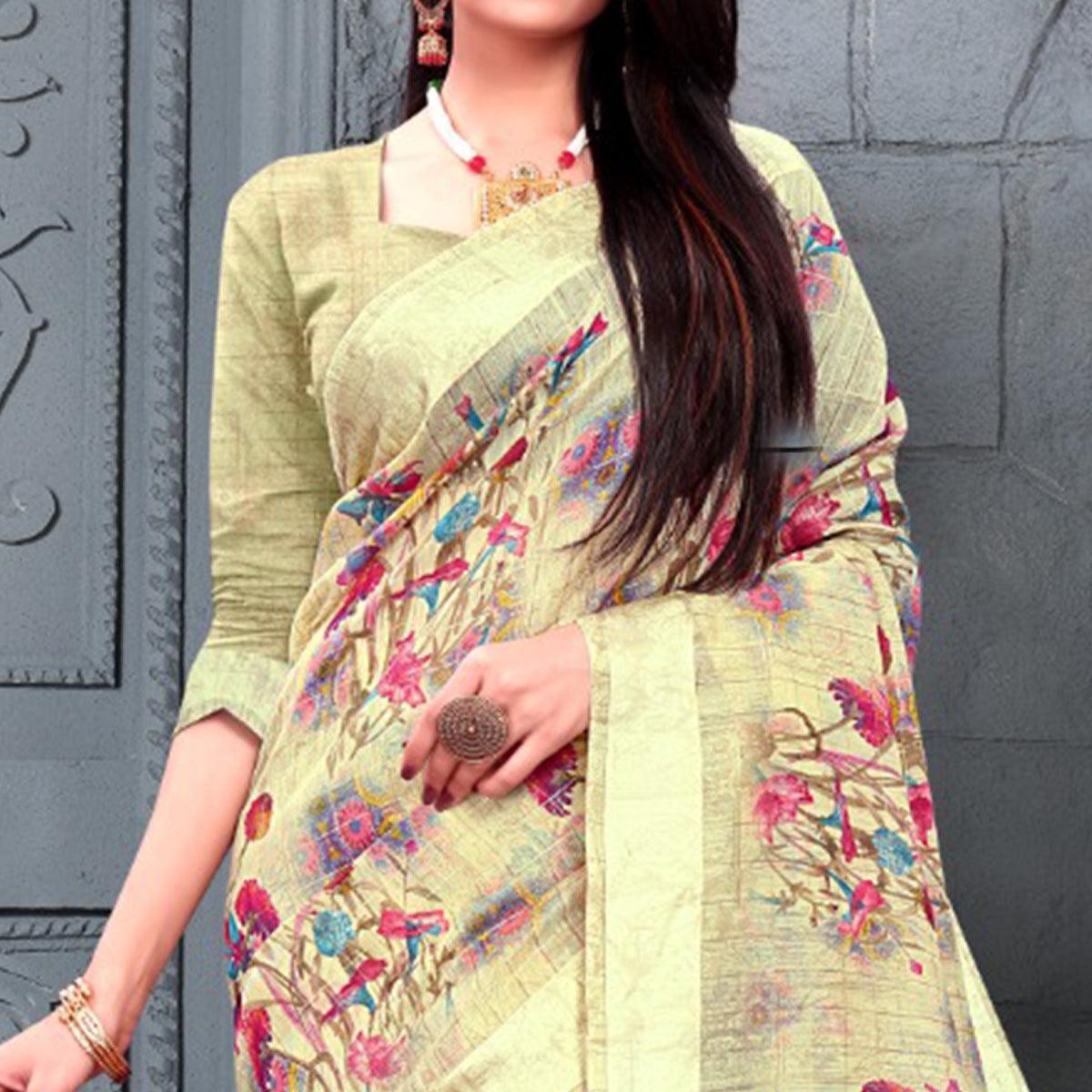 Trendy Cream Colored Casual Wear Printed Cotton Saree - Peachmode