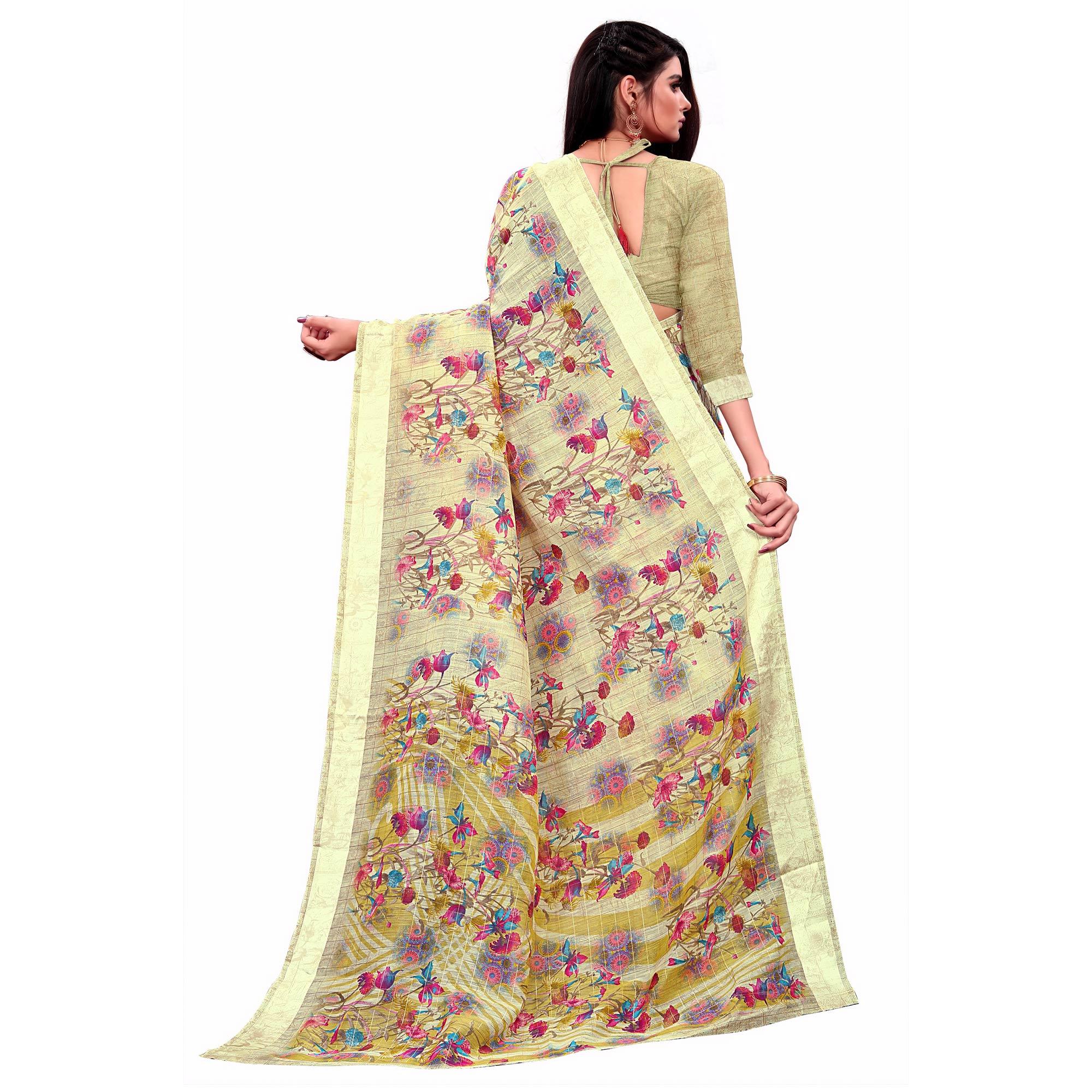 Trendy Cream Colored Casual Wear Printed Cotton Saree - Peachmode