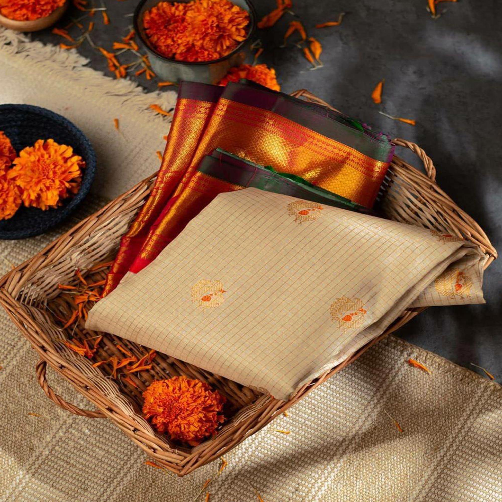 Trendy Cream Colored Festive Woven Silk Saree - Peachmode
