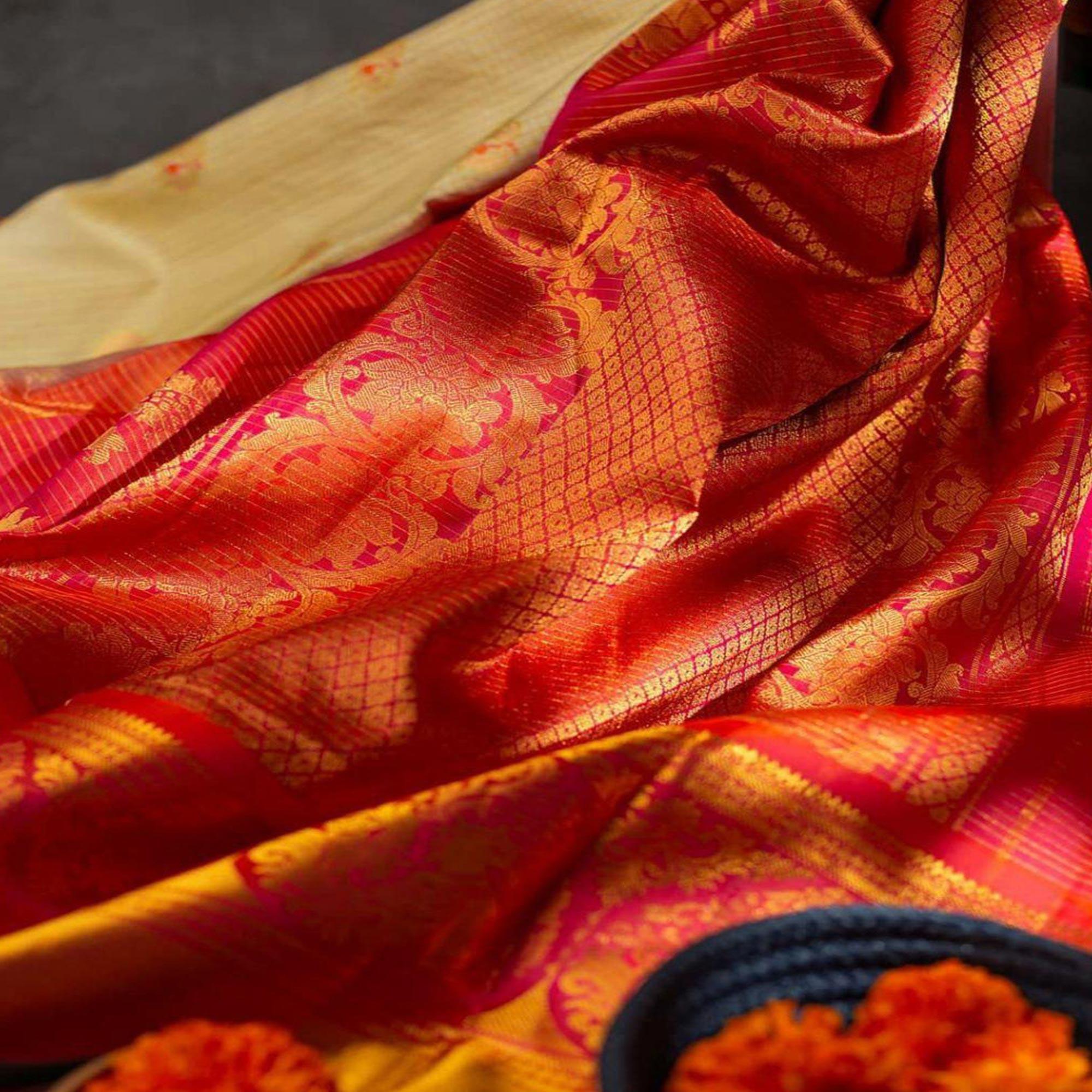Trendy Cream Colored Festive Woven Silk Saree - Peachmode
