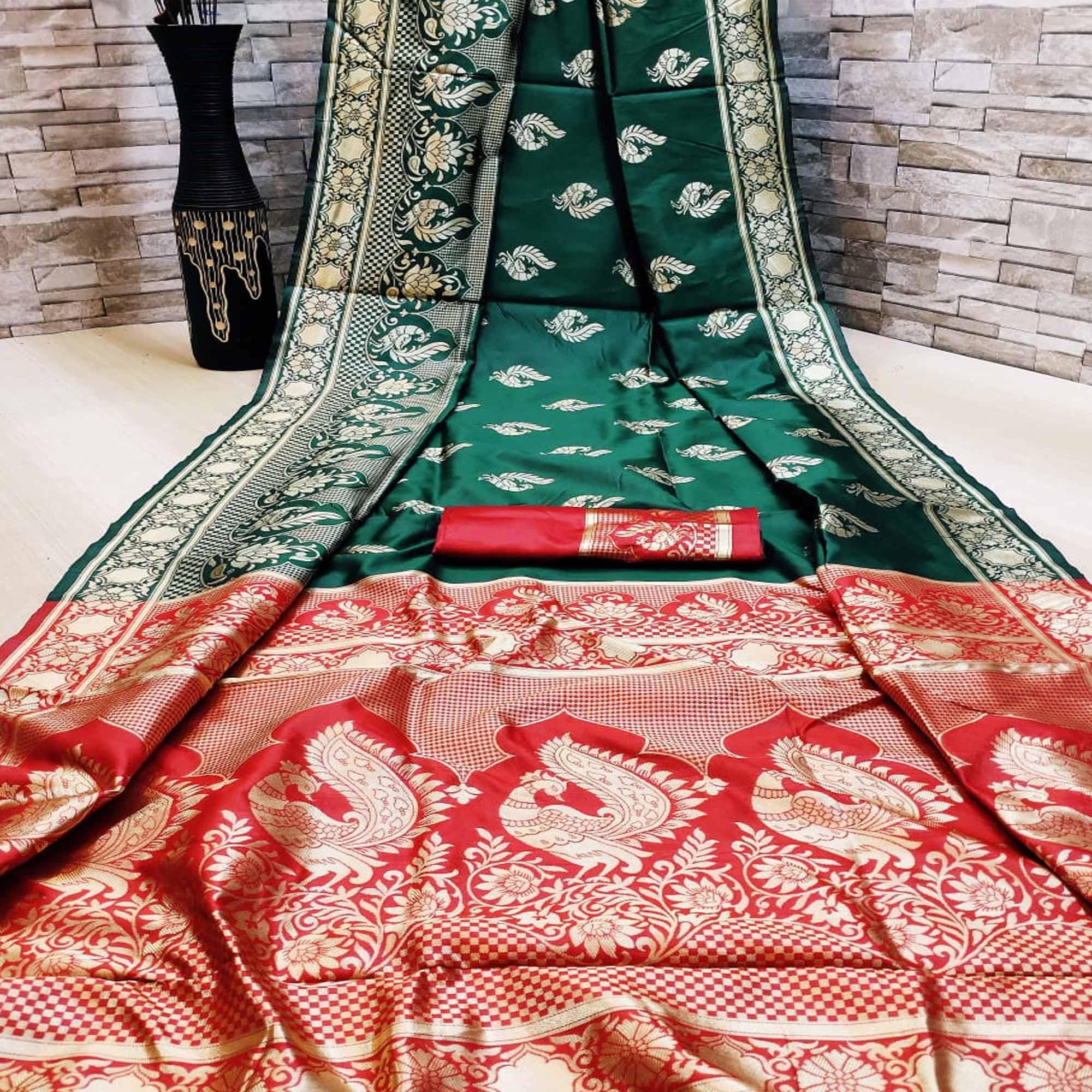 Trendy Dark Green Colored Festive Wear Woven Heavy Banarasi Saree - Peachmode