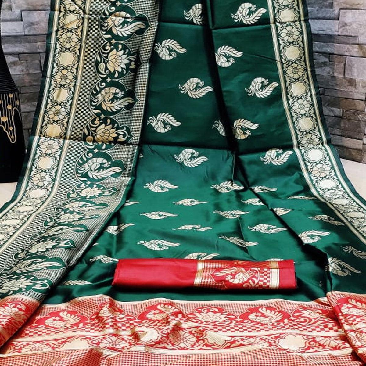 Trendy Dark Green Colored Festive Wear Woven Heavy Banarasi Saree - Peachmode