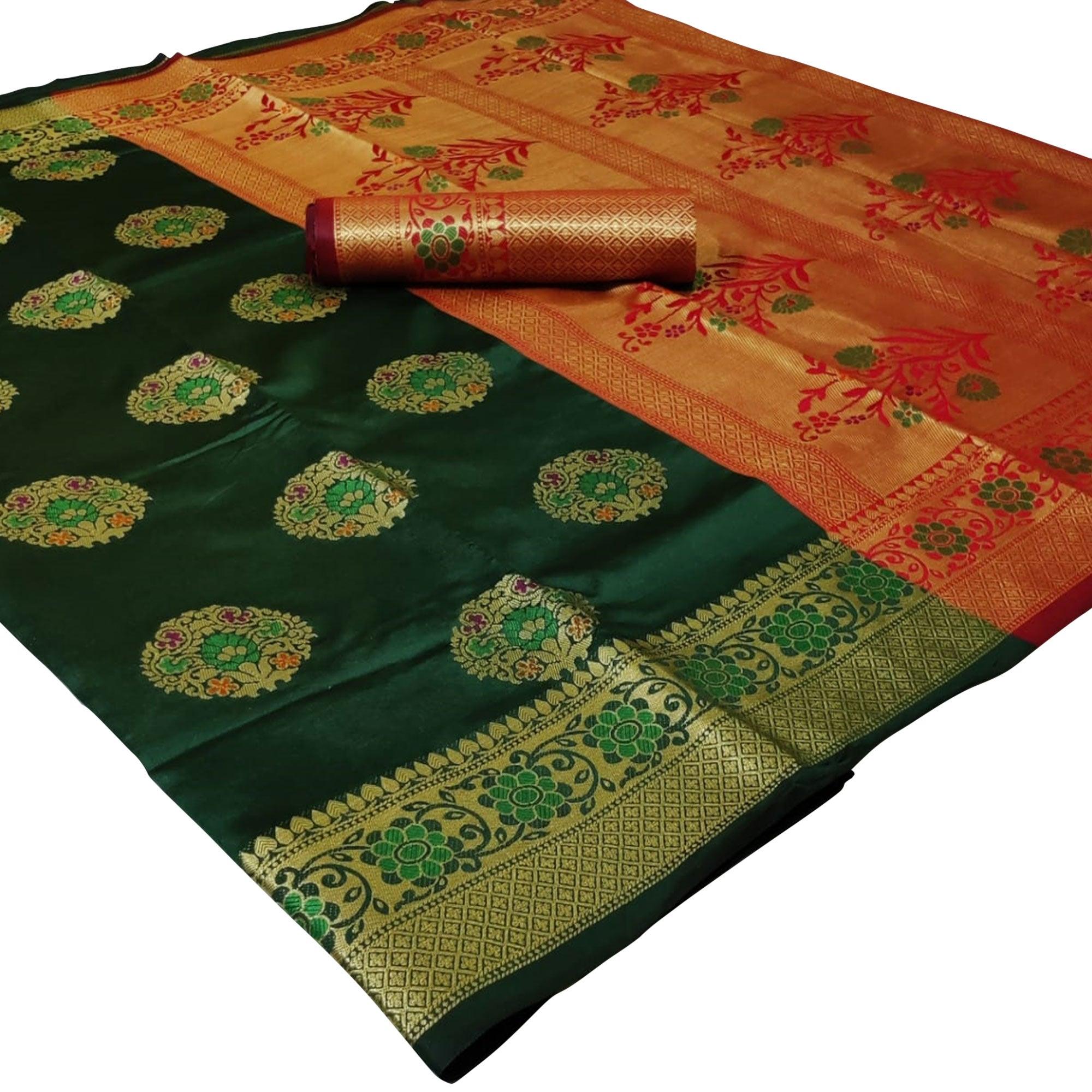 Trendy Dark Green Colored Festive Wear Woven Silk Saree - Peachmode