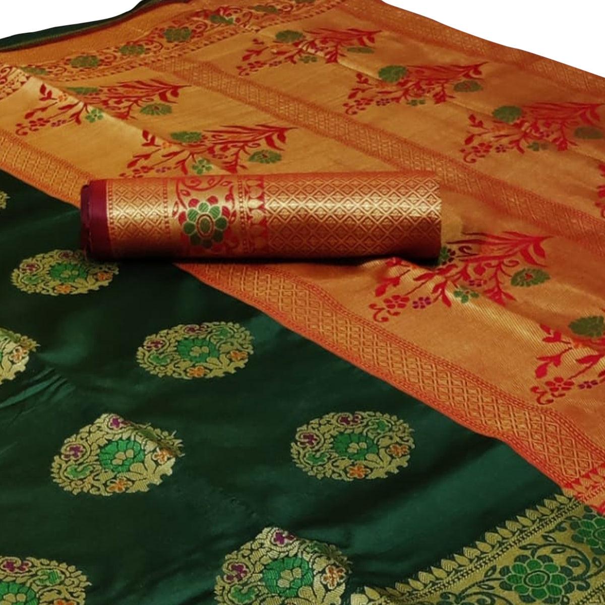 Trendy Dark Green Colored Festive Wear Woven Silk Saree - Peachmode