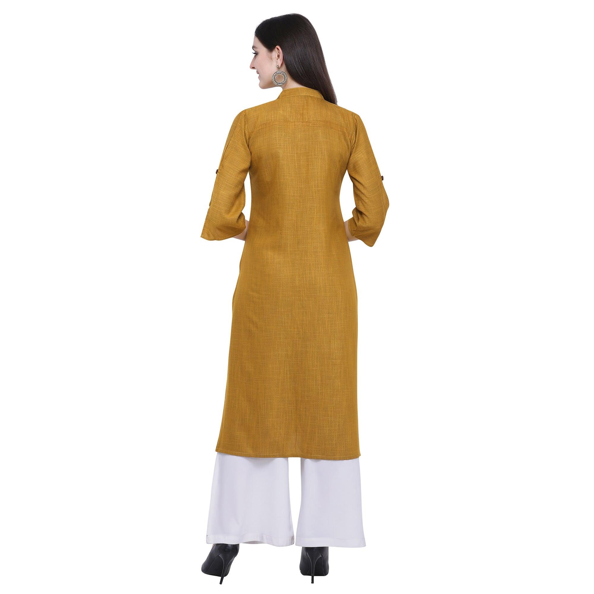 Trendy Dark Mustard Yellow Colored Casual Wear Embroidered Rayon Kurti-Palazzo Set - Peachmode
