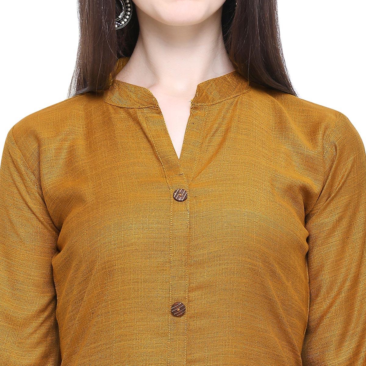 Trendy Dark Mustard Yellow Colored Casual Wear Embroidered Rayon Kurti-Palazzo Set - Peachmode
