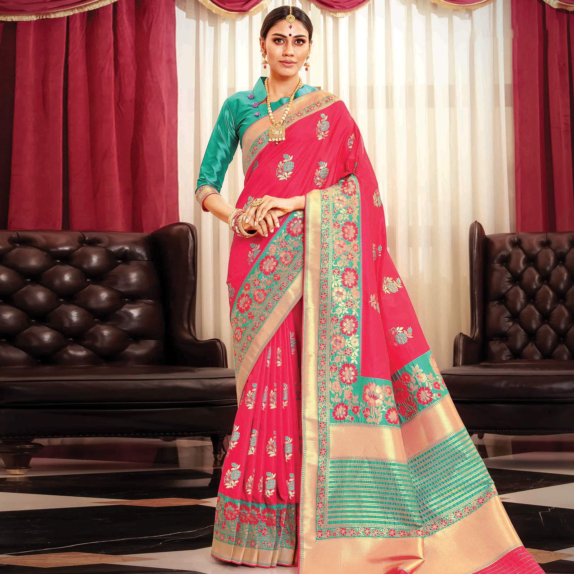 Trendy Dark Pink Colored Festive Wear Woven Banarasi Silk Saree - Peachmode
