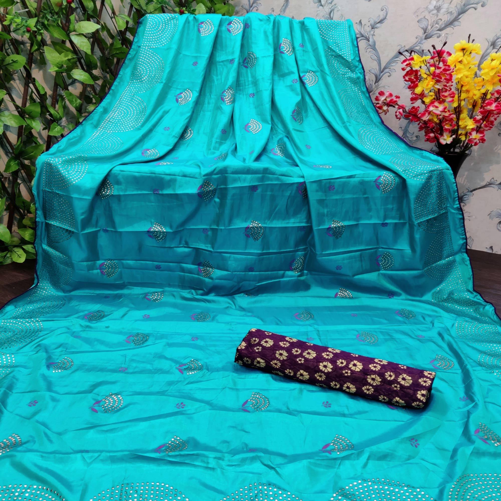 Trendy Ferozi Colored Festive Wear Embellished Art Silk Saree - Peachmode