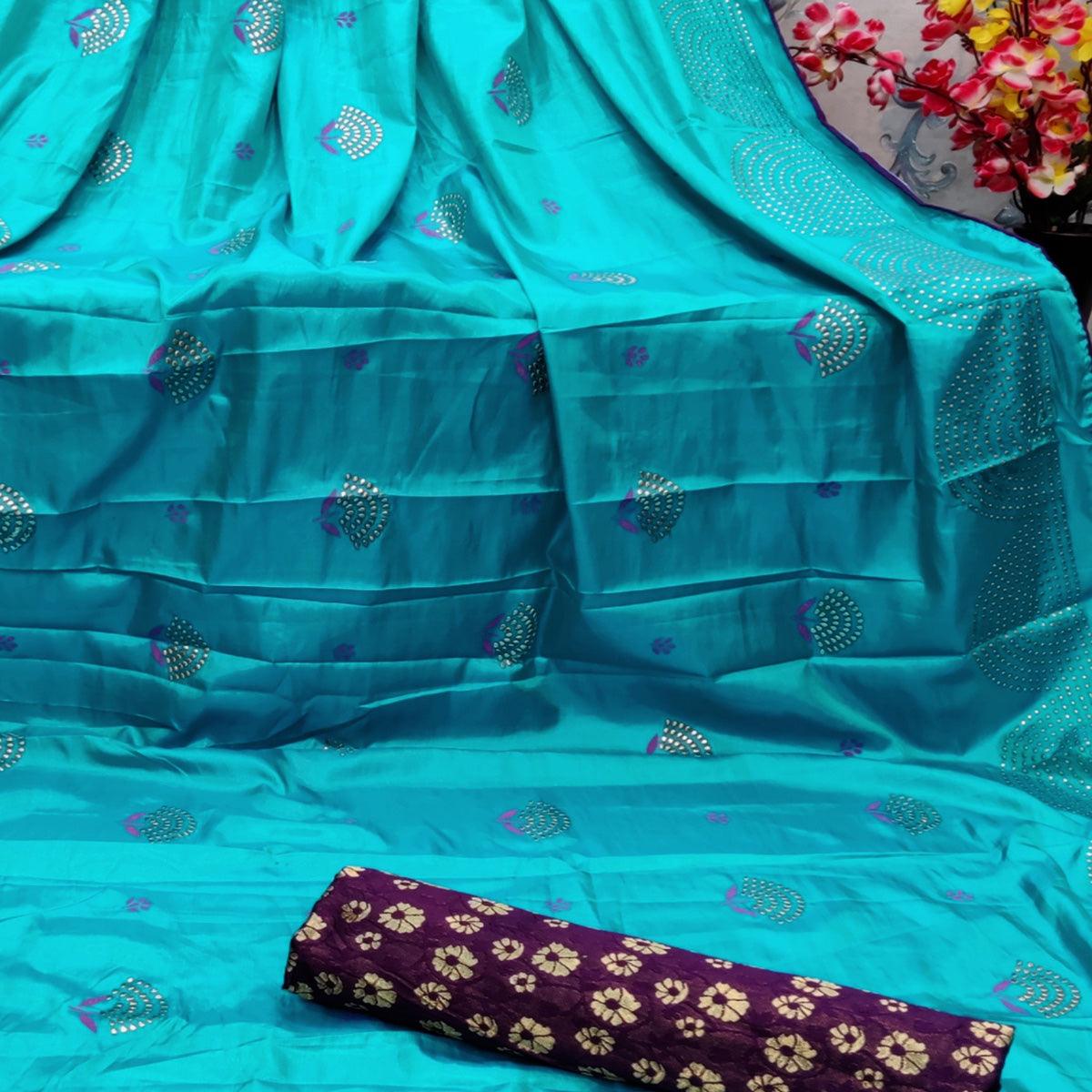 Trendy Ferozi Colored Festive Wear Embellished Art Silk Saree - Peachmode