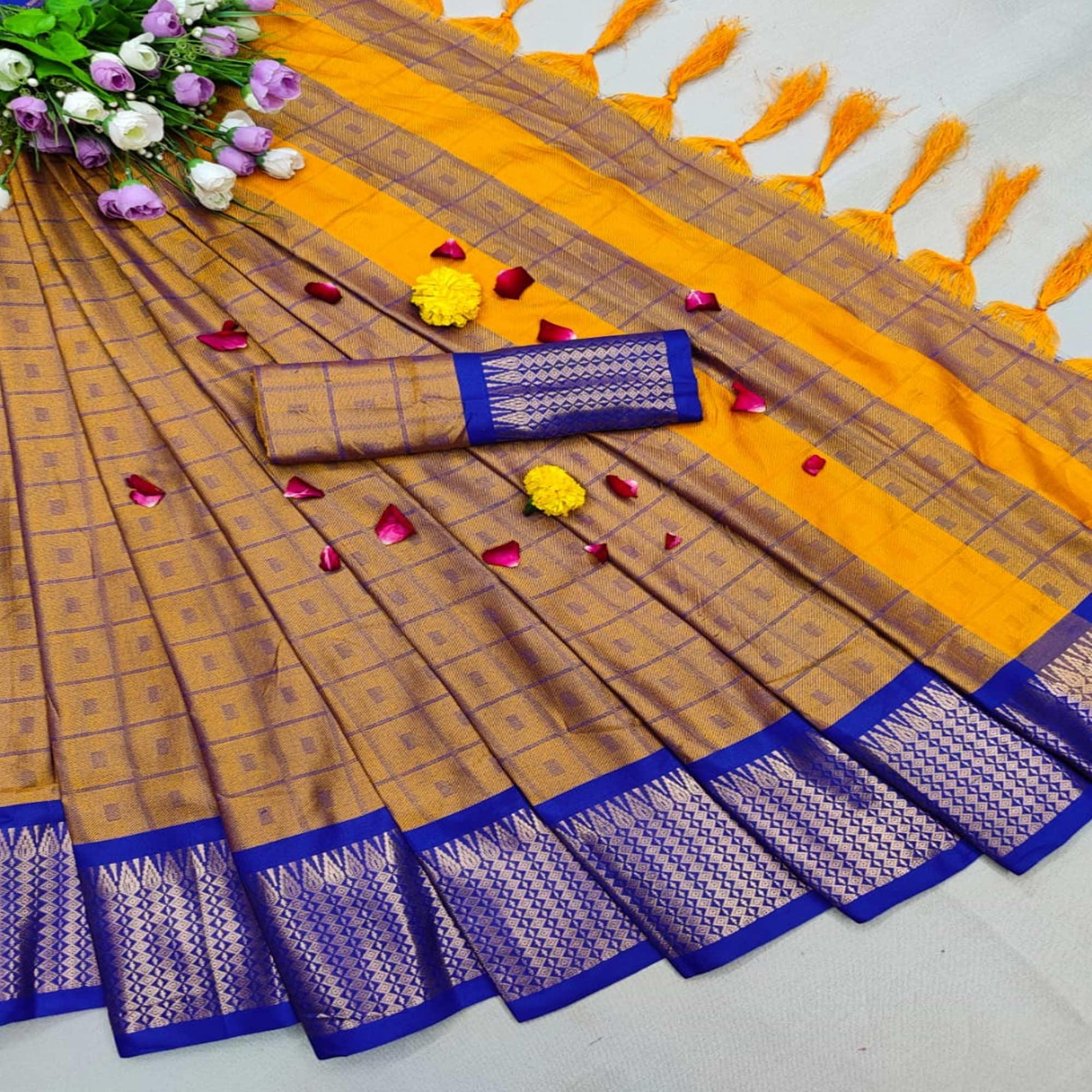 Trendy Gold Colored Festive Wear Woven Cotton Silk Saree - Peachmode