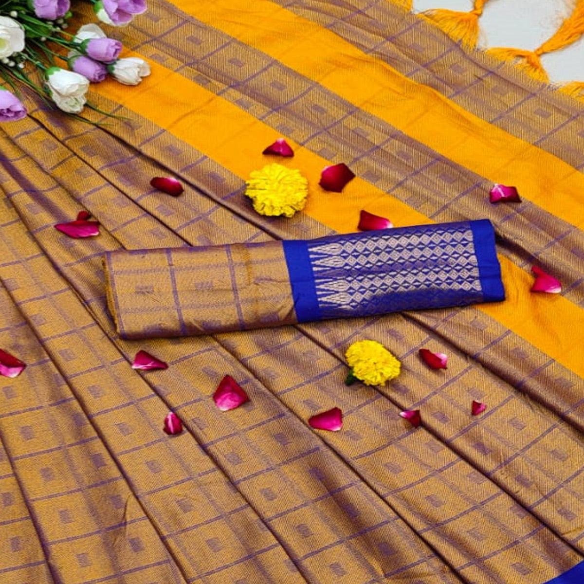 Trendy Gold Colored Festive Wear Woven Cotton Silk Saree - Peachmode