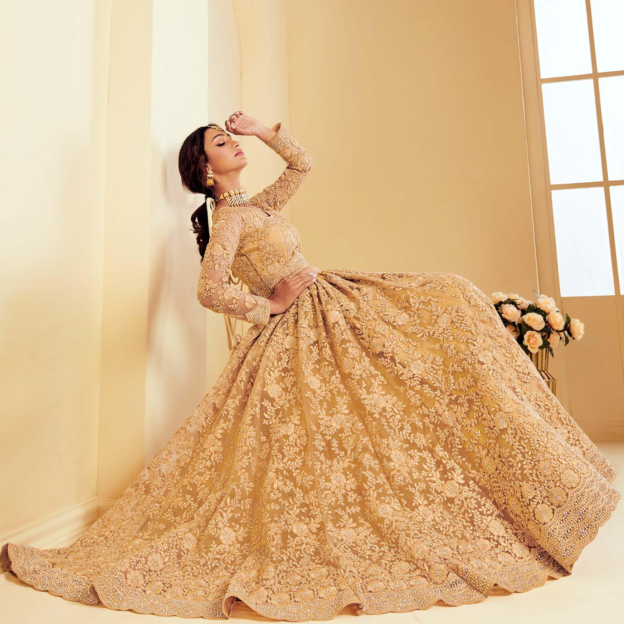 Trendy Golden Coloured Wedding Wear Cording Embroidered Net Lehenga Choli - Peachmode