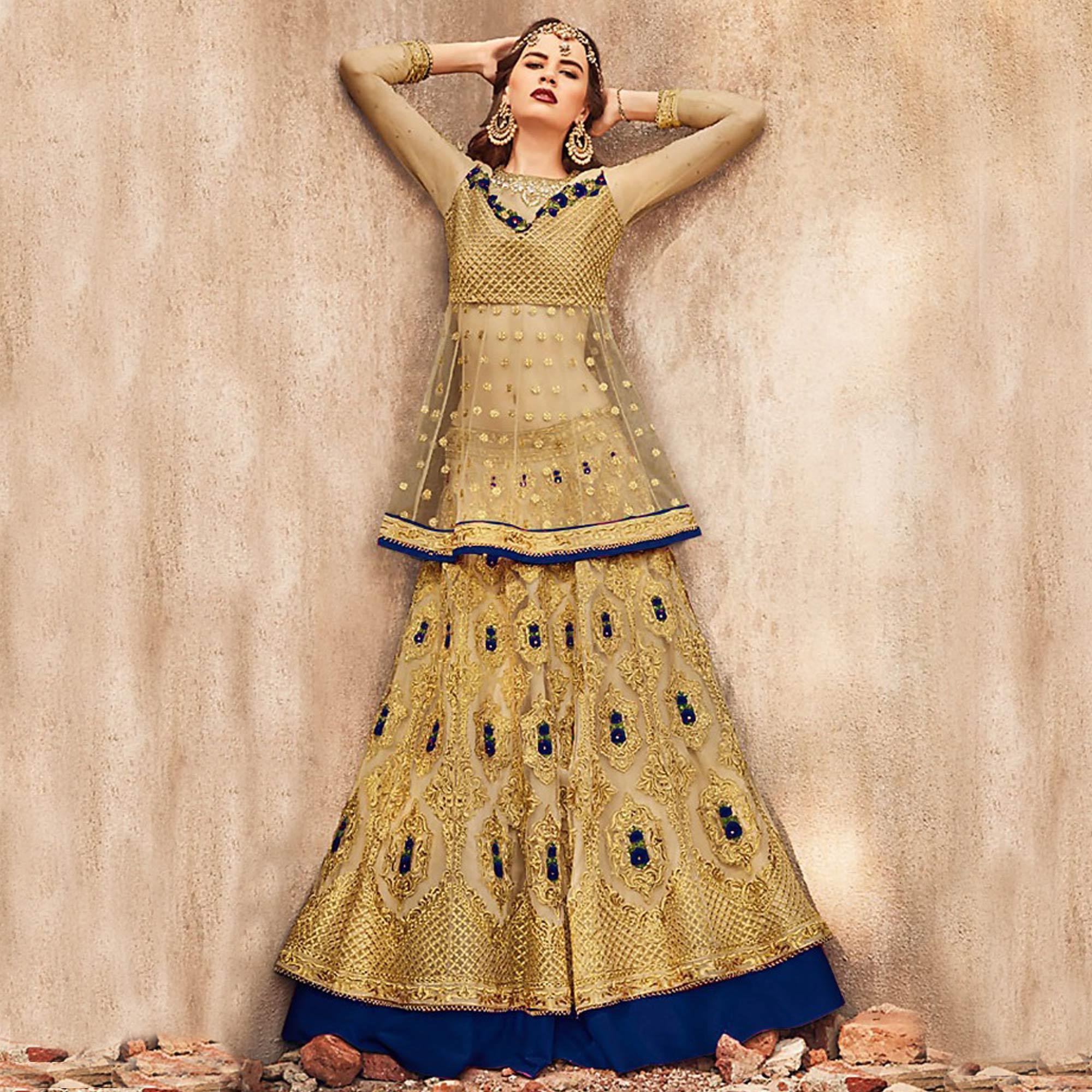 Trendy Golden-Navy Blue Colored Party Wear Embroidered Net Lehenga Choli - Peachmode