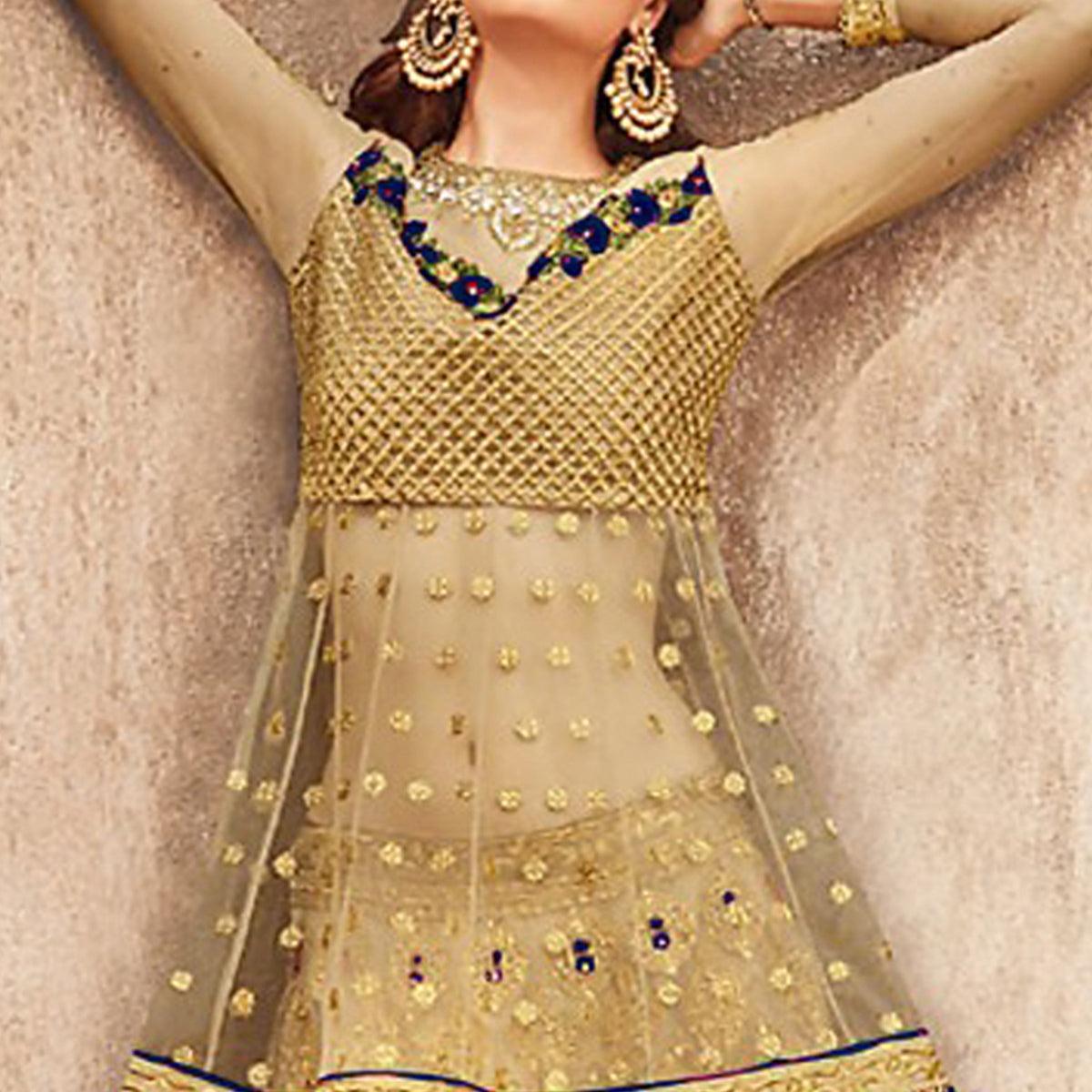 Trendy Golden-Navy Blue Colored Party Wear Embroidered Net Lehenga Choli - Peachmode