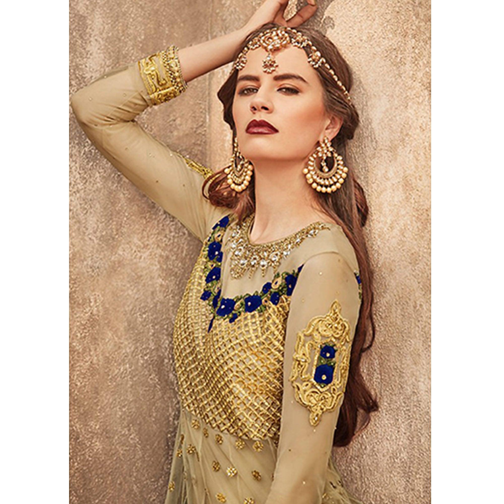 Trendy Golden-Navy Blue Colored Party Wear Embroidered Net Lehenga Choli - Peachmode