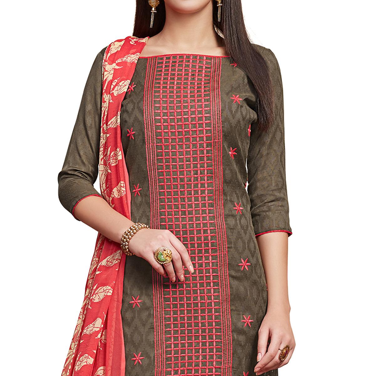 Trendy Gray Colored Casual Wear Embroidered Jacquard Dress Material - Peachmode
