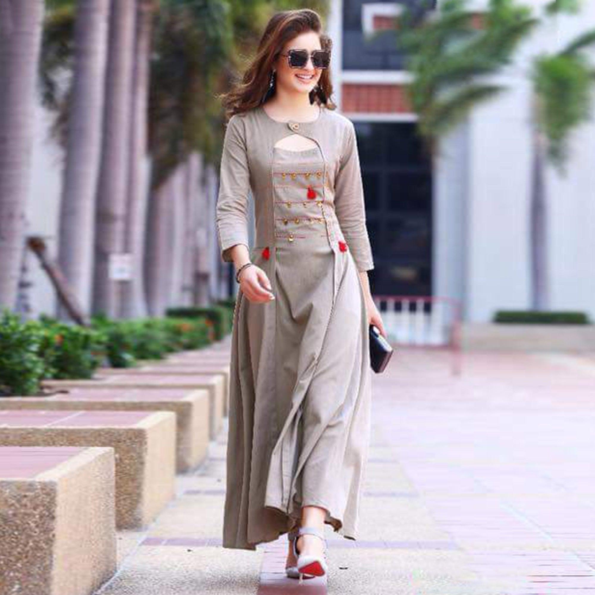 Trendy Gray Colored Partywear Rayon Long Kurti Trendy Gray Colored Partywear Rayon Long Kurti