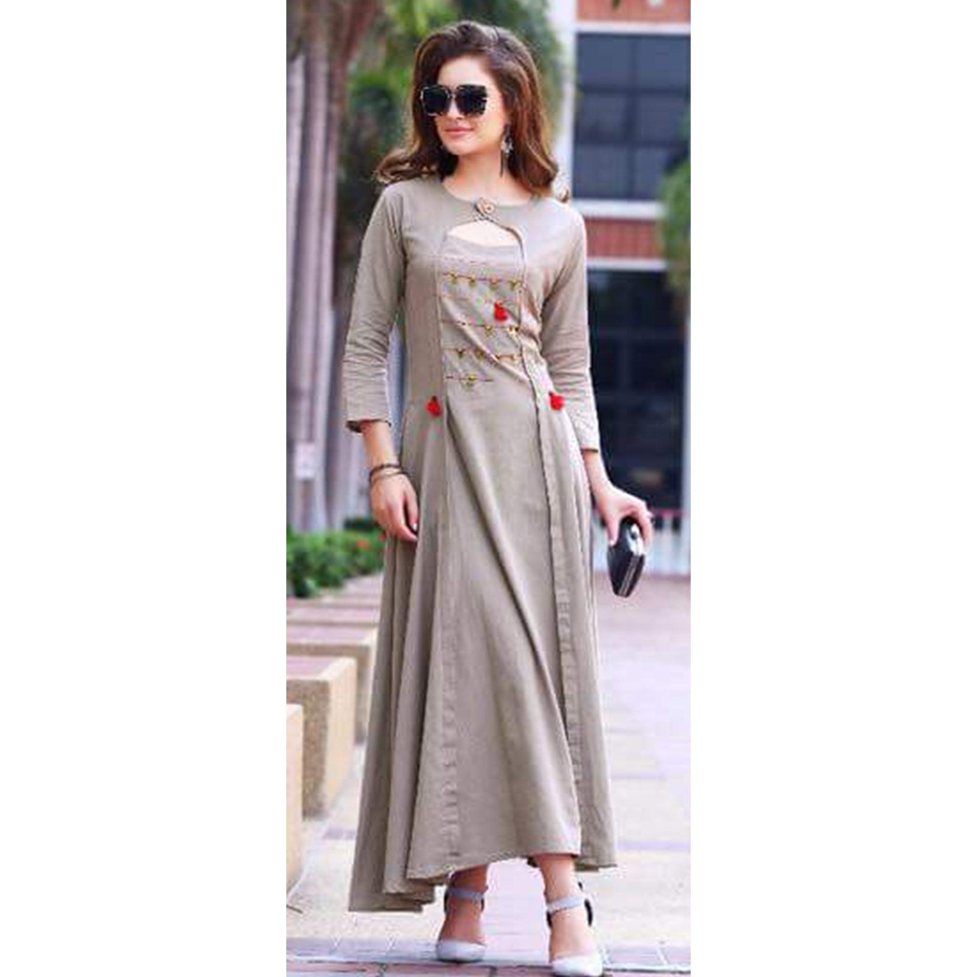 Trendy Gray Colored Partywear Rayon Long Kurti - Peachmode