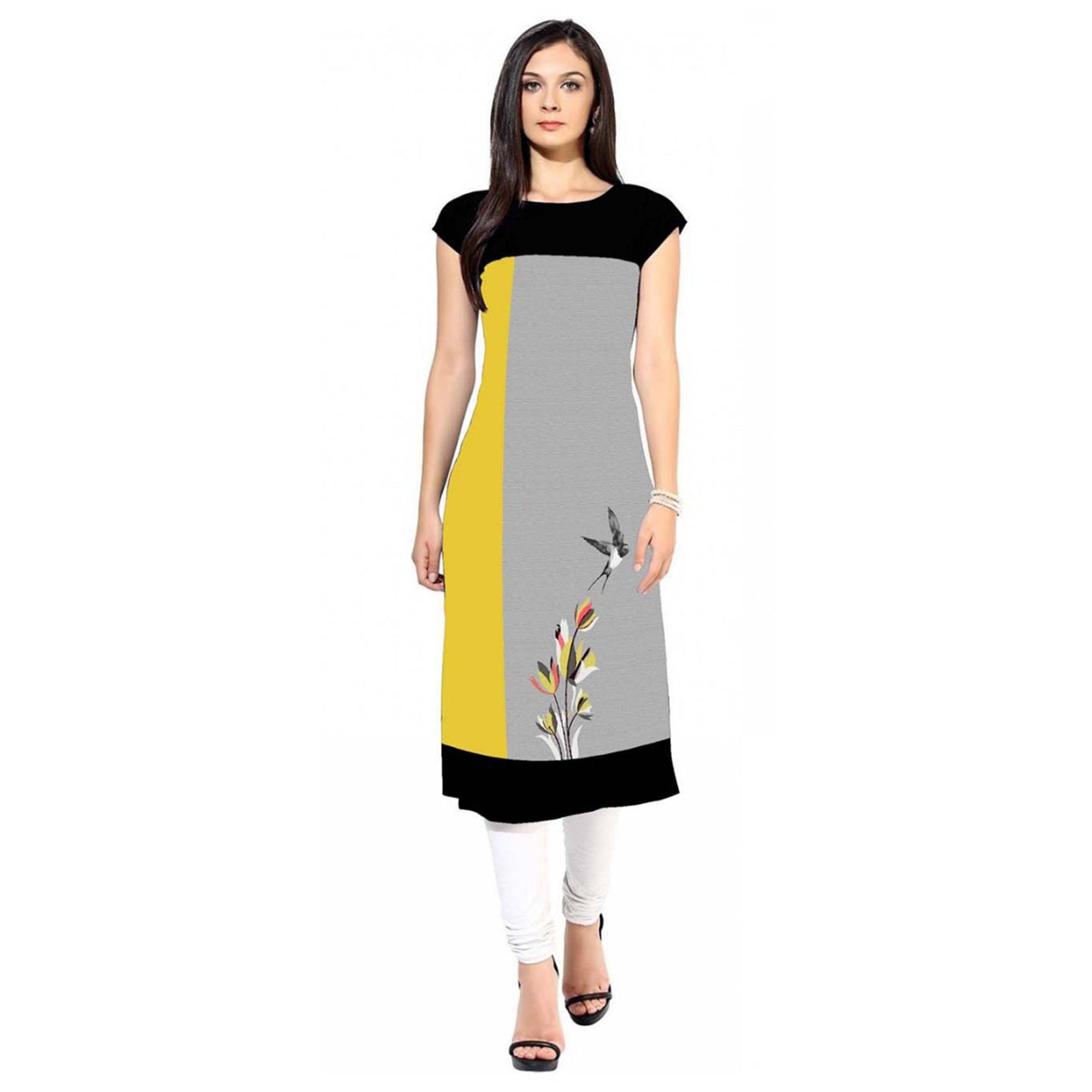 Trendy Gray-Yellow Colored Casual Printed Crepe Kurti - Peachmode