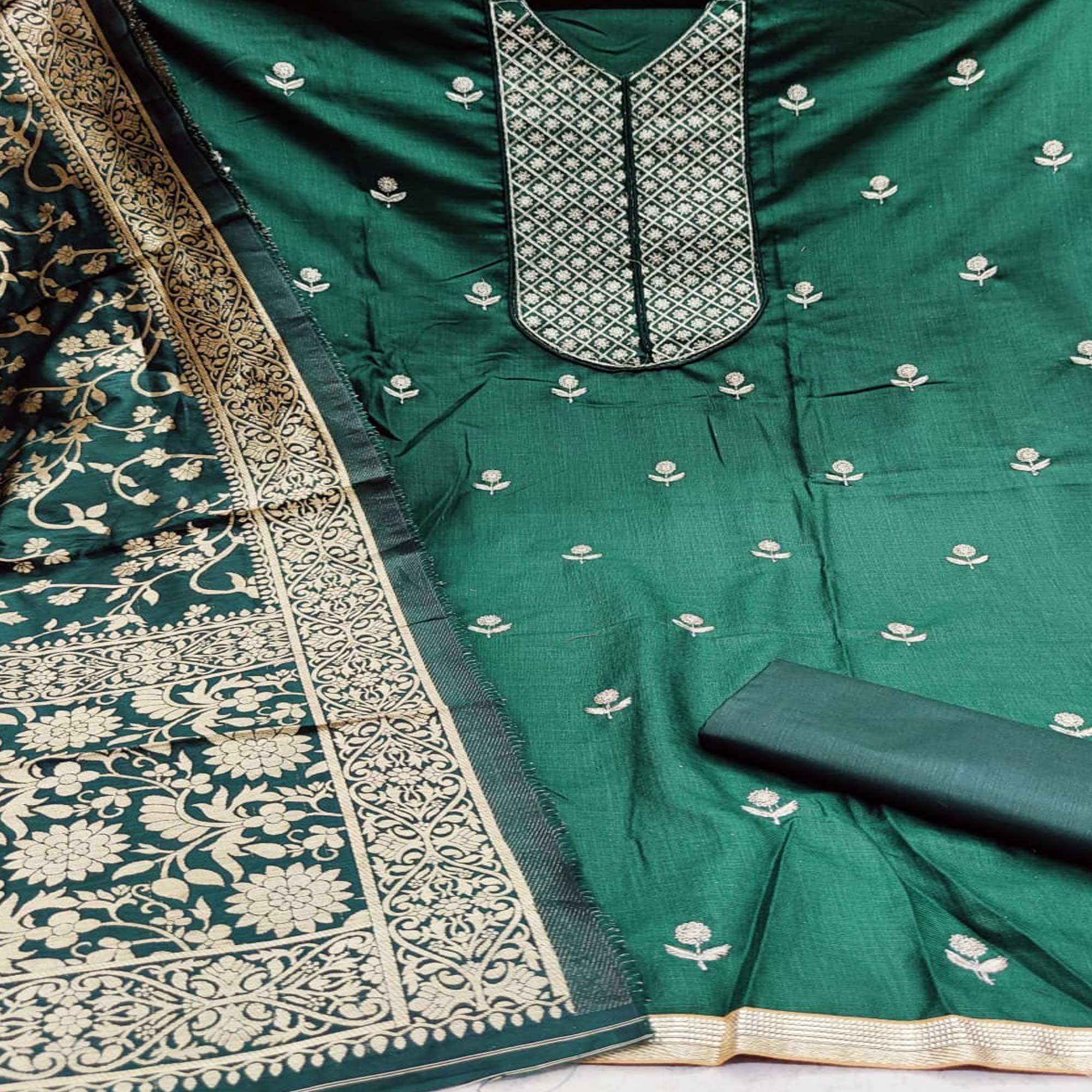 Trendy Green Colored Casual Wear Woven Cotton Dress Material - Peachmode